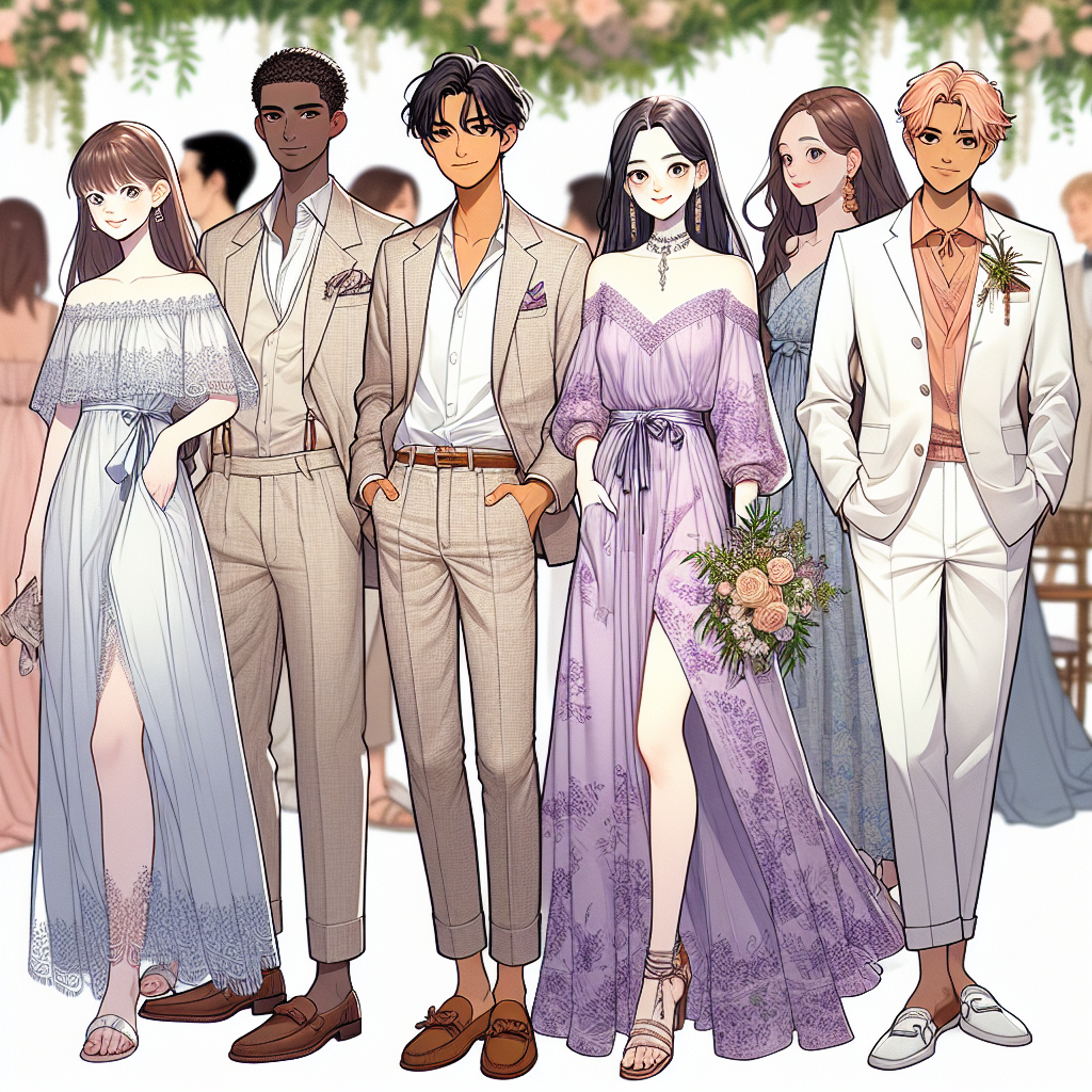 Destination Wedding Dress Code: Must-Have Styles An anime represents a scene at a destination wedding. The main focus is on the guests' attire, specifically what's considered the absolute must-have styles for such an event. To the left, a Caucasian woman wearing a light blue flowy chiffon dress, flaunting an off-shoulder style and intricate lace details. Next to her, a Black man is dressed in a chic beige linen suit matching with a white shirt and brown loafers, embodying a casual yet refined look. Further right, a South Asian woman is enhancing the beauty of a destination wedding in her lavender-colored maxi dress with floral prints. Besides her, a Middle-Eastern man in an elegant white suit, with a coral-colored handkerchief peeking out of his pocket, exudes sophistication. To summarize, a diverse group of people dressed up in must-have styles for a destination wedding.