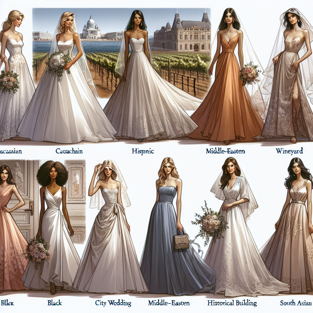 Stunning Destination Wedding Guest Dresses: Best Picks Create an image showcasing a range of stunning dresses designed for attending destination weddings. The scene should include five different models, each of a different descent: Caucasian, Hispanic, Black, Middle-Eastern, South Asian. Each model is showcasing a unique, sophisticated dress style suitable for a beach wedding, a wedding in a vineyard, a city wedding, a mountainous outdoor wedding, and a wedding in a grand historical building. The dresses should appear comfortable yet fashionable, made from lightweight, breezy materials for the beach wedding to more formal, elegant styles for the city and historical building weddings. Keep the variety in textures, colors and silhouette details.