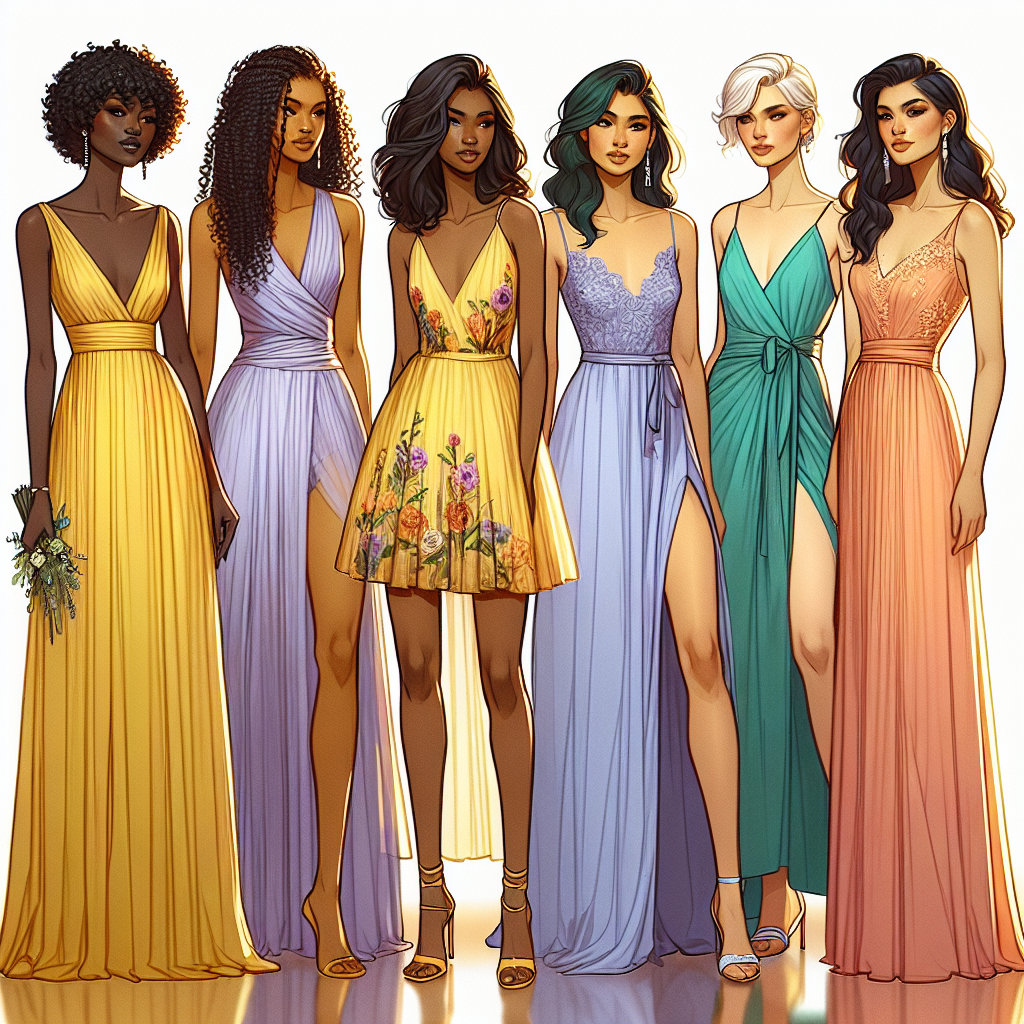 Must-Have Dresses for Destination Wedding Guest Envision a diverse group of women, each of differing descent such as Black, South Asian, and Hispanic, attending a beach destination wedding. The first woman, a Caucasian descent, is wearing a floor-length chiffon gown in sunflower yellow. The second woman, of South Asian descent, is styled in a calf-length lavender dress spruced up with floral patterns. The third woman, of Black descent, is dressed in a turquoise mini dress with lace detailing. Lastly, the woman of Hispanic descent is seen in a coral pink maxi dress with an elegantly draped skirt. Their dresses are all airy, flowing, and perfect for a beach setting.
