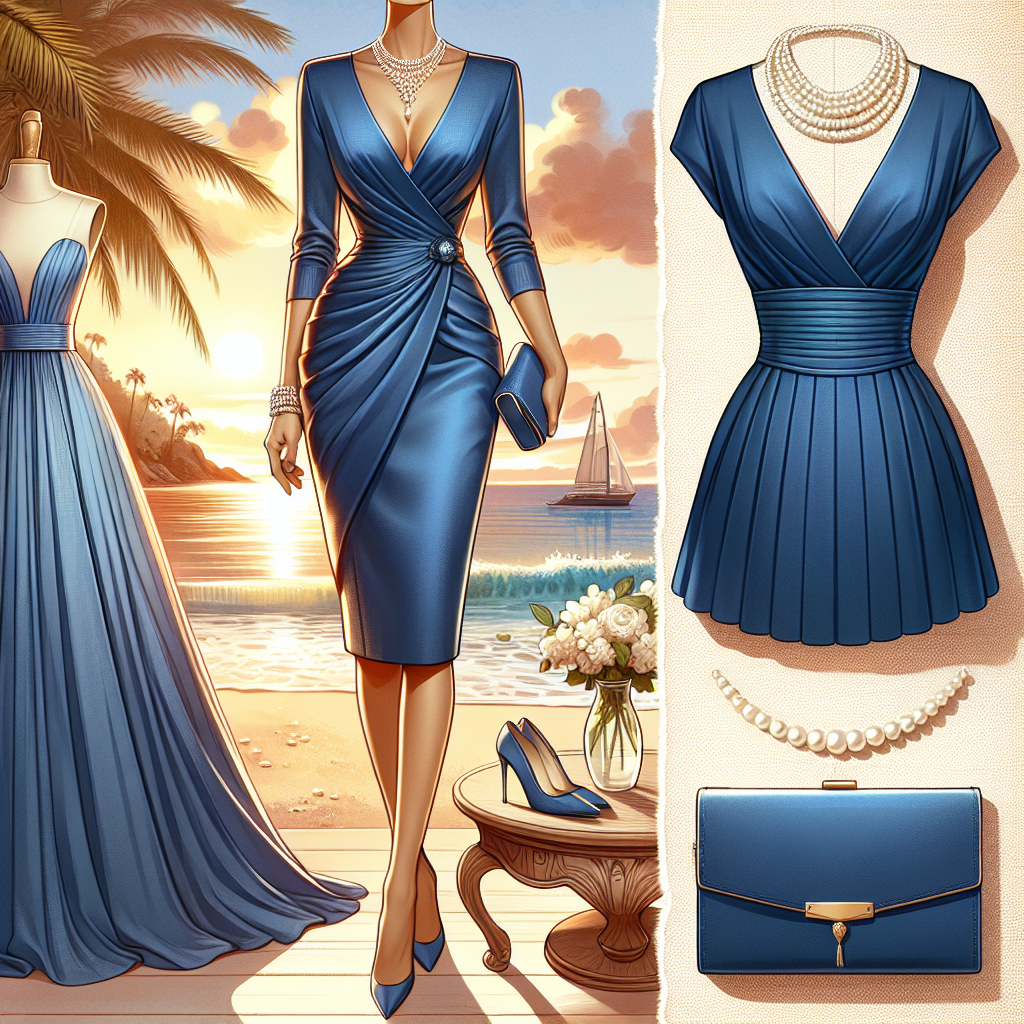 Mother of the Groom Dress: Stunning Destination Must-Haves Create a detailed image that visualizes an elegant outfit for the mother of the groom. The ensemble should include a sophisticated, knee-length dress in a vibrant royal blue color, perfectly tailored to flatter her figure. Accessories should include a matching clutch purse and a delicate string of pearls wrapped around the neck. The background should depict an attractive destination setting, such as a sandy beach at sunset with palm trees gently swaying in the background, hinting at an exotic wedding location. The environment should emphasize the dress being a must-have for such destination weddings.