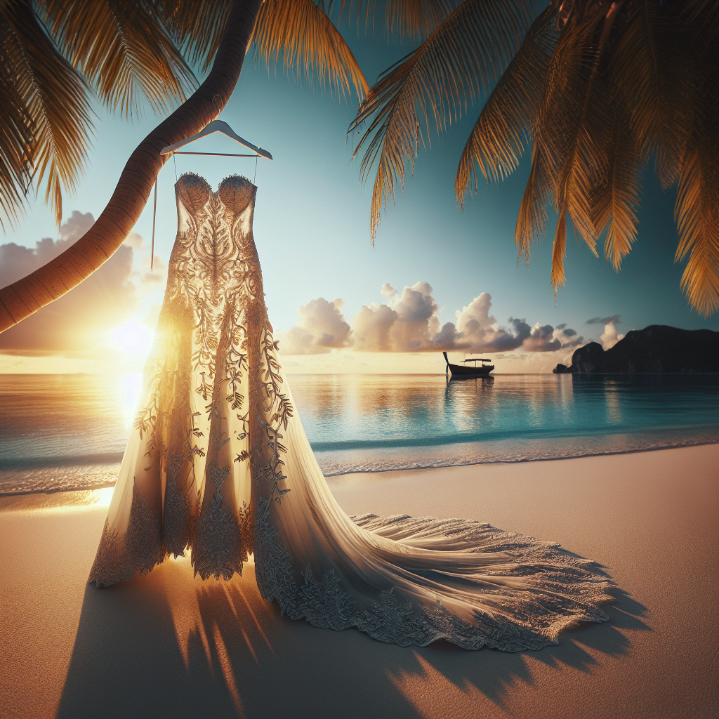 Destination Wedding Dress: Find Your Dream Gown Imagine a very detailed setting of a destination wedding. There's a backdrop of a breathtaking beach at sundown, with the sun casting a golden light on the turquoise waters. In the foreground, stands the focus of the image - a stunning gown. It's a beautiful, detailed dress fit for a fairy-tale wedding. The dress is exquisitely designed with intricate lacework and features an elegant train, paired uniquely with a touch of subtleness suitable for a beach wedding. It's almost as if this dress, hanging elegantly from a palm tree in a gentle sea breeze, has been part of a dream.