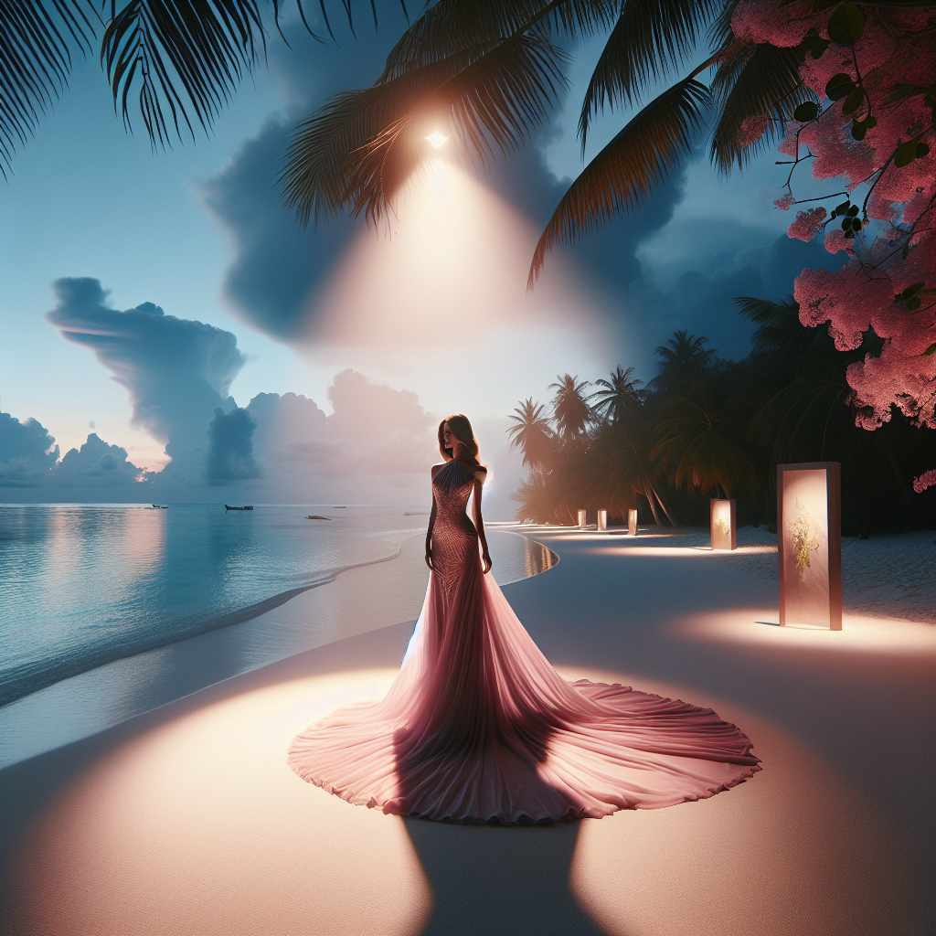 Destination Wedding Dress: Stunning Pink Halter Maxi Imagine a captivating scene from an exotic beach destination wedding. The spotlight is on a breathtaking wedding dress that is the center of attention in this setting. The dress is a beautiful, stunning pink tone, accentuating the festive and romantic vibe of the occasion. This wedding dress is in a sophisticated maxi silhouette that touches the sand, moving gently with the ocean breeze. The dress features a halter neckline, adding an alluring touch to the outfit. In the background, include the soft murmur of the ocean waves, the whispering wind, and the tropical flora swaying gently.