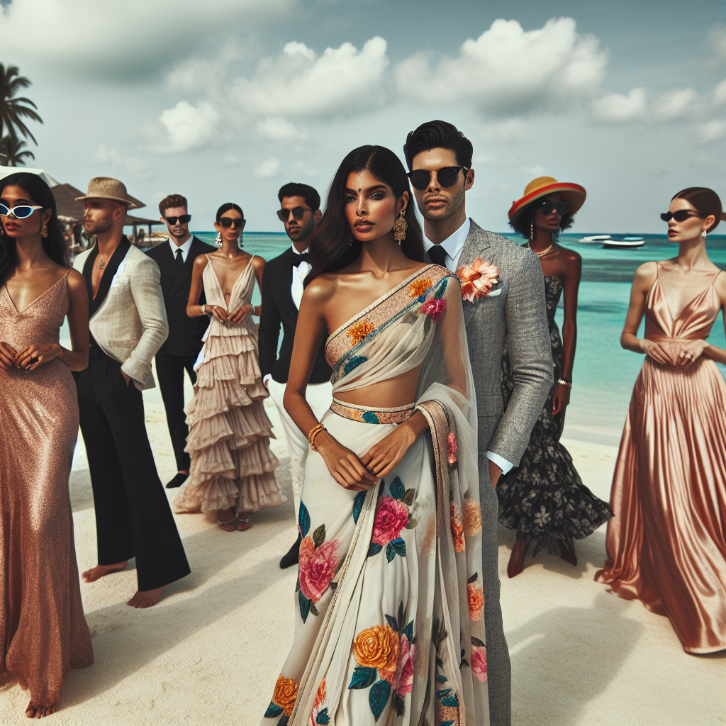 Wedding Guest Dress Destination: Stunning Finds! A daytime wedding by the seaside. A diverse crowd of guests in stunning dresses, perfectly styled for a destination wedding. The foreground features a South Asian woman in an elegant saree designed with tropical flower patterns, wearing delicate gold jewelry. Beside her stands a Hispanic man tailored in a sharp linen suit. Further beyond, Black and Caucasian guests mix and mingle, showcasing styles from flowing maxi dresses to chic cocktail dresses, accessorized with colorful hats and sunglasses. All set against a background of the beautiful turquoise sea and clear blue sky.