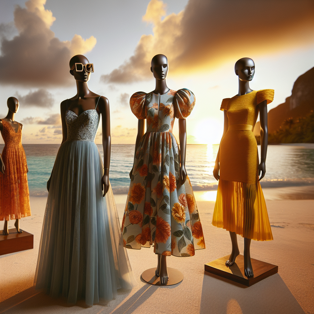 Stunning Destination Wedding Guest Dresses: Must-Have Styles Imagine a tropical beach scene during sunset. Foreground showcases a variety of wedding guest dresses displayed on mannequins. A Caucasian woman with wooden sunglasses wears a coral maxi dress with intricate floral patterns. Next, an African woman dons a sky-blue midi dress with structured shoulders and gold jewelry. Finally, an Asian woman exhibits a vibrant yellow knee-length dress with an asymmetrical hemline and minimalist design details. The dresses capture the casual elegance of a destination wedding with their vibrant colors and relaxed yet polished silhouettes.