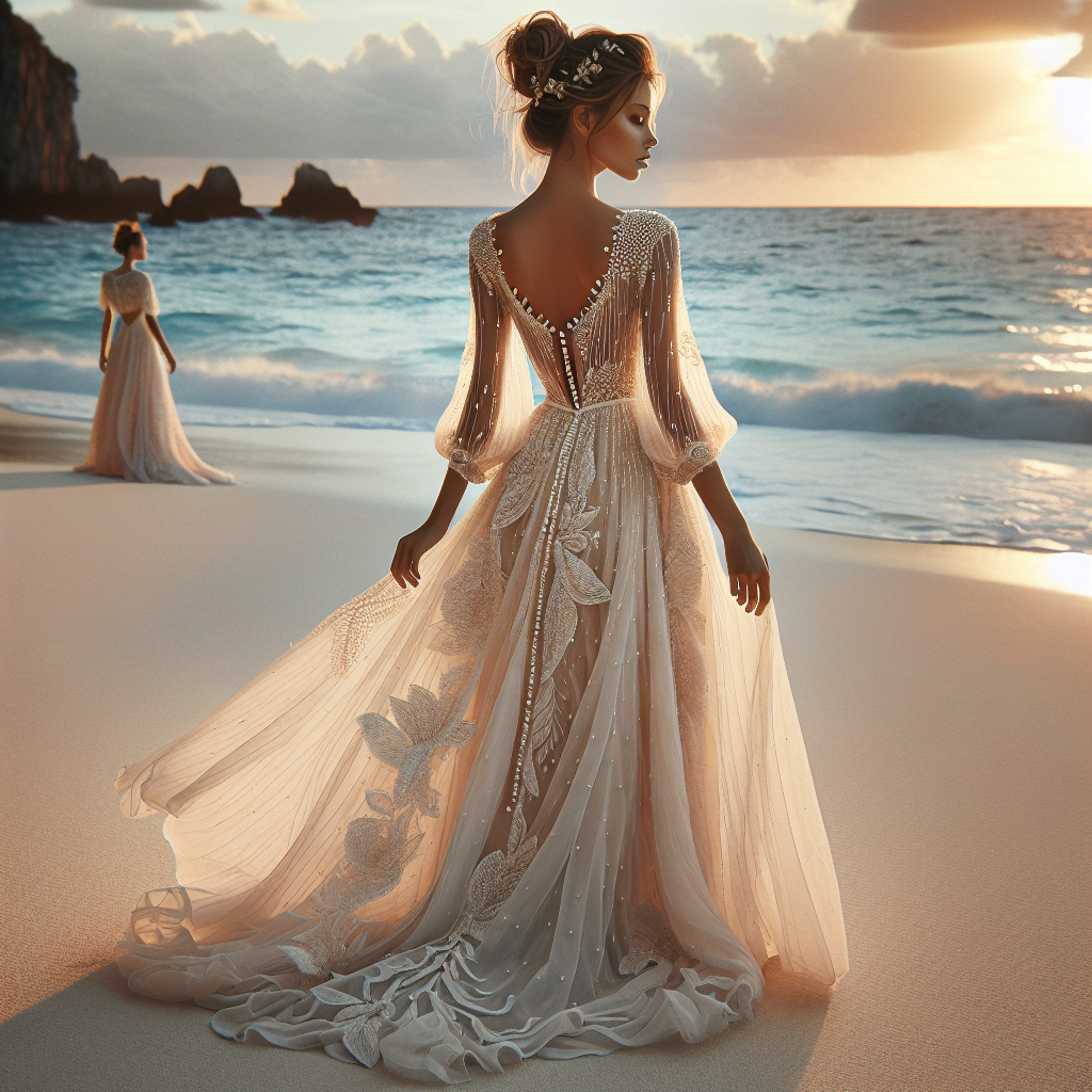 Beach Destination Wedding Dress: Must-Have Elegance Imagine an elegant beach destination wedding dress. The dress, perfect for a sunset ceremony next to the ocean, is a flowy, full-length silhouette. The fabric is lightweight, perfect for the gentle breeze of the beach, and a soft pastel tone suits the romantic setting. The dress is adorned with delicate, pearl-like beadings and has an intricately patterned lace overlay. Asymmetrical layers of the dress give it an airy feel while the open back adds a touch of modernity. The bride, a Caucasian woman with an updo hairstyle, looking towards the setting sun, complements the dress beautifully.