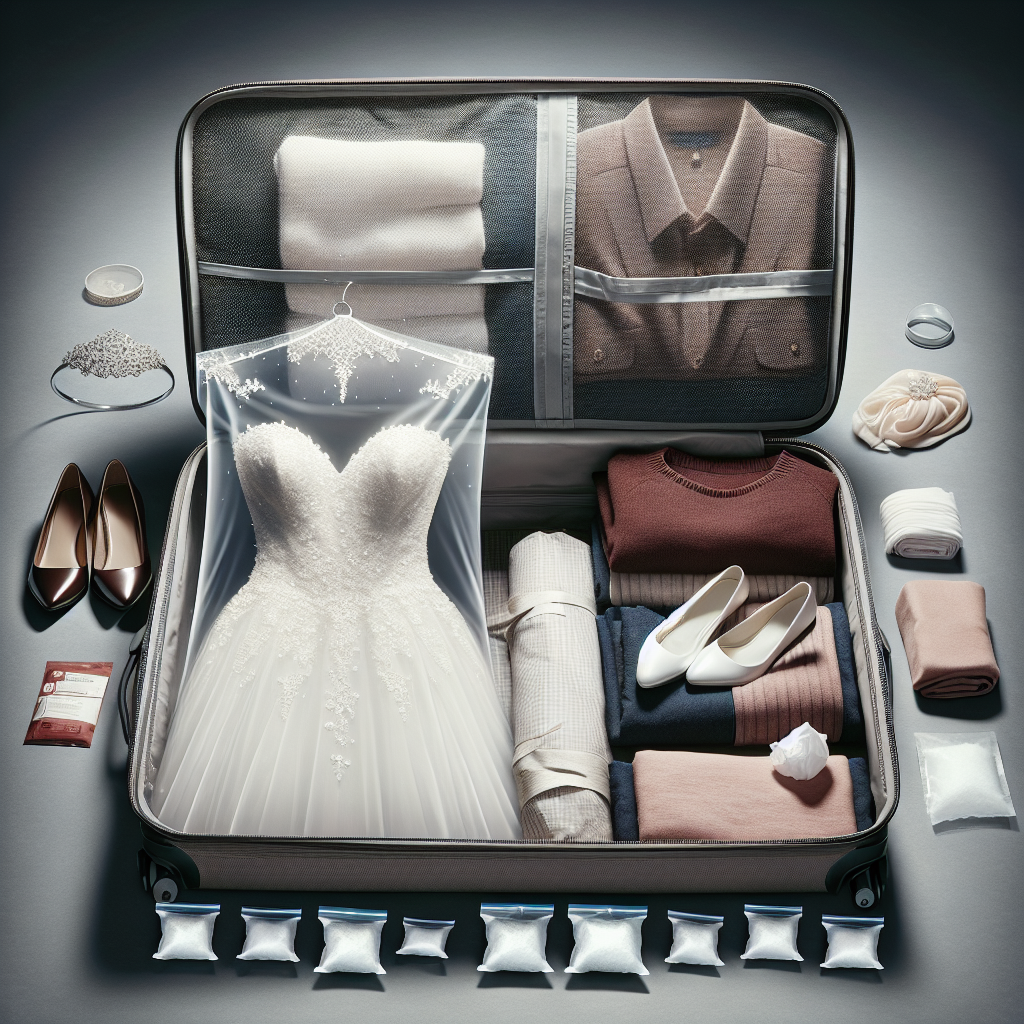 Pack Your Wedding Dress Like a Pro for Destination Bliss Imagine an efficiently packed suitcase. On the left side is neatly folded clothing. Next to it is a pair of shiny wedding shoes wrapped carefully in a silk cloth. On the right side is a beautiful wedding gown, pristine white, carefully folded and placed in a protective garment bag with a transparent front. The gown sparkles subtly. At the top of the suitcase is a small box. Inside it is a bridal veil, folded carefully with tissue paper and a tiara resting on its side. Around these items, small packs of silica gel are scattered to provide additional protection.