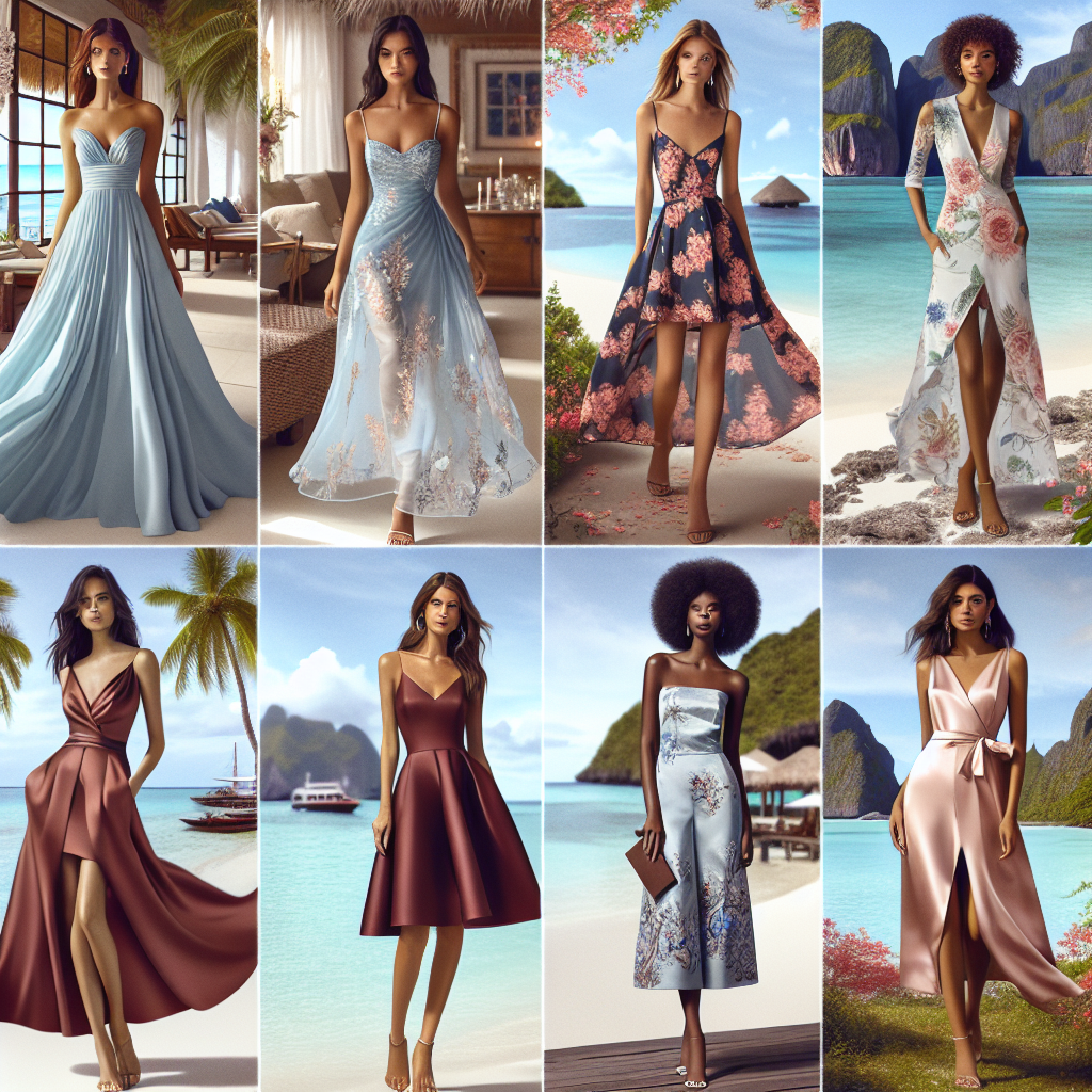 Imagine an array of stunning wedding guest dresses, designed for destination weddings. Each dress expresses effortless elegance and captures a captivating blend of sophisticated and trendy styles. The first dress is a flowing, light blue chiffon gown donned by a South Asian woman. The second dress, a knee-length floral print sundress, is worn by a Caucasian woman. The third outfit includes a structured, maroon jumpsuit displayed by a Black woman. Lastly, a Hispanic woman is presenting a silk, pastel pink maxi dress. All women are standing against the backdrop of exotic beaches, lush gardens, and charming villas.