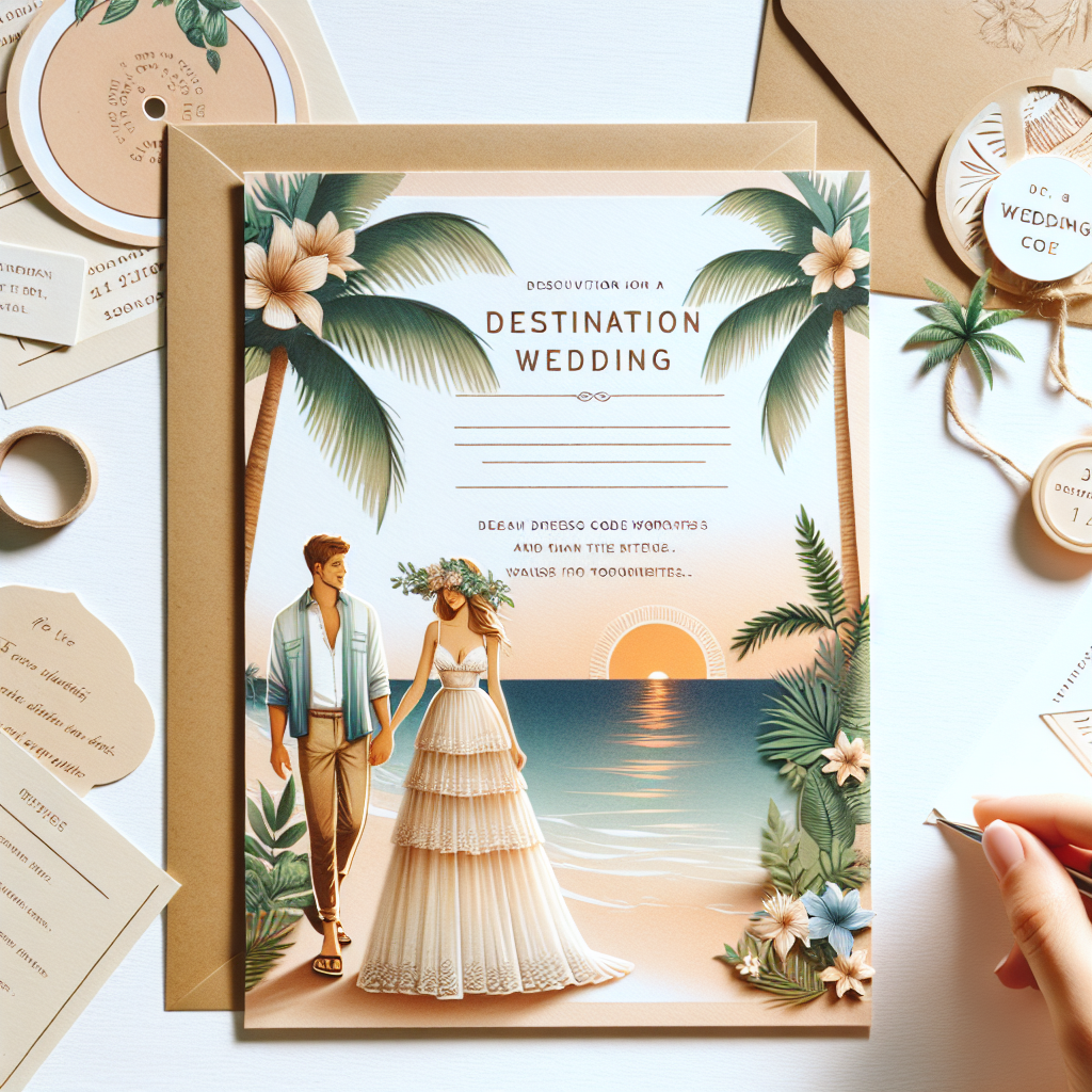 Destination Wedding Dress Code Wording: Must-Know Tips Visualize a cheerful environment of a destination wedding. The focus is on a beautifully designed, elegantly written invitation card which has clear wedding dress code wording written on it and provides a few essential tips. Surrounding the card, hint at the destination wedding site, it could be tropical with palm trees, a beach, and a setting sun in the background for a mood of warmth and festivity. The couple's attire should reflect the theme, perhaps the man in a casual yet classy apparel matching with the woman's light, flowy, bohemian wedding dress. Do not depict any specific person or faces. Pay attention to the details to communicate the spirit of a destination wedding.