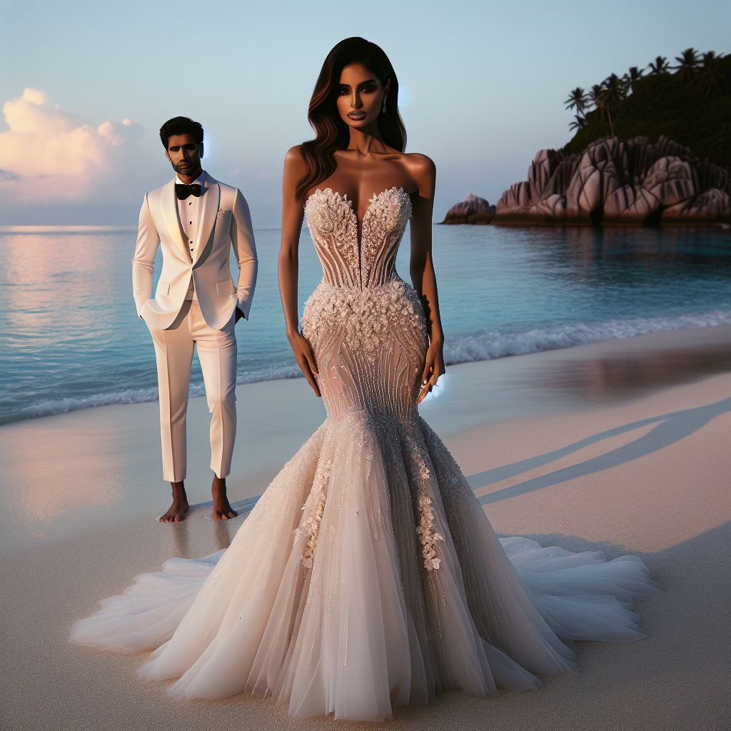 Evoke a serene landscape of a tropical beach, with the blue sea kissing the fine sand and a soft, mellow twilight bathing the surroundings. A South Asian bride standing effortlessly in the foreground, dressed in a stunning mermaid-style wedding gown with intricate crystal beading. Mirror her radiance with a Middle-Eastern groom beside; adorned in a dashing white tuxedo which complements the bride's apparel. This setting embodies the epitome of an extraordinary destination wedding attire.