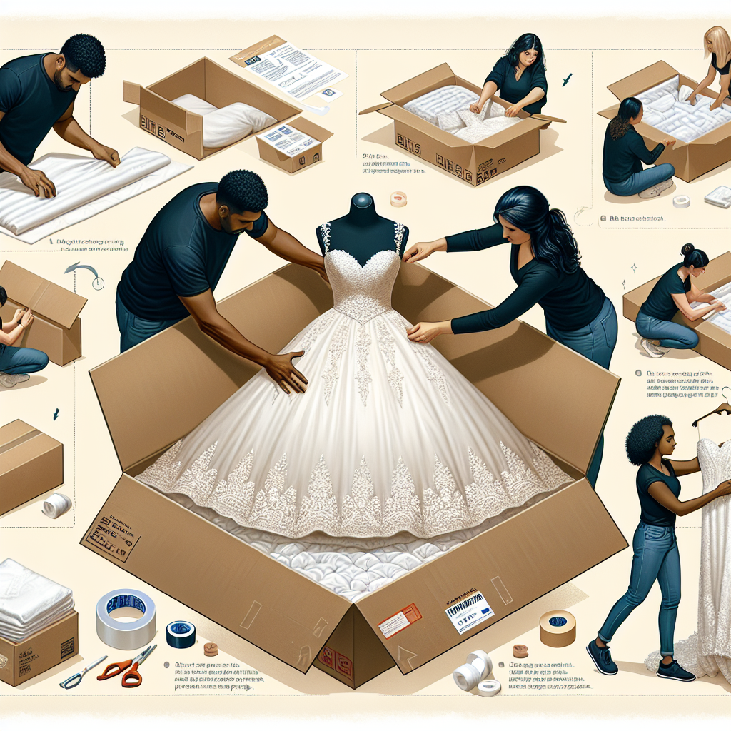 Shipping Wedding Dress: Effortless, Exclusive Guide A comprehensive step-by-step visual guide on shipping a wedding dress. On the left, a South Asian man carefully folds an intricately designed white wedding gown onto a clean surface, demonstrating the first step in safe packaging. The center showcases a Hispanic woman gently placing the folded dress into a sturdy box with padding, denoting an important aspect of protective packaging. On the right, a Black woman neatly seals the box with durable tape, conveying the final step in ensuring secure shipment. Subtle hints such as labels and shipping-related tools are scattered throughout, offering an inclusive guide on sending such precious cargo.