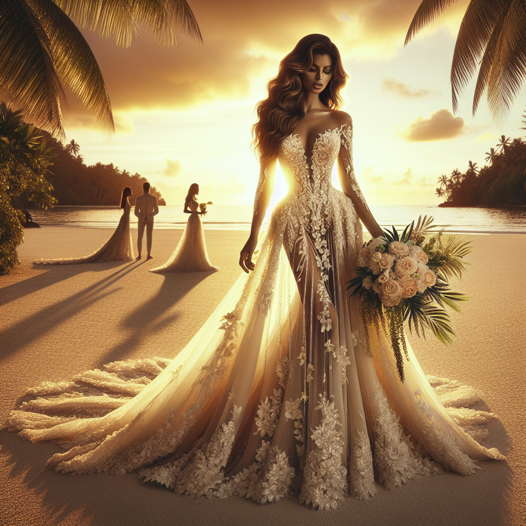 Stunning Destination Wedding Dresses: Flawless & Chic Visualize an exquisite scene of a destination wedding with lush tropical backdrop. The main focus is on the bride who is dressed in a stunning wedding gown that combines both flawlessness and chic style. The gown has delicate floral lace details, intricate beadwork, and a long luxurious train. The Sunset casts a warm, golden hue over the scene. The bride, a Hispanic woman with long wavy hair holds a intricate bouquet of tropical flowers. There are second-person silhouettes scattered in the distance, alluding to guests, giving a sense of context to the destination wedding. The overall image should evoke a sense of enchantment, happiness and elegance.