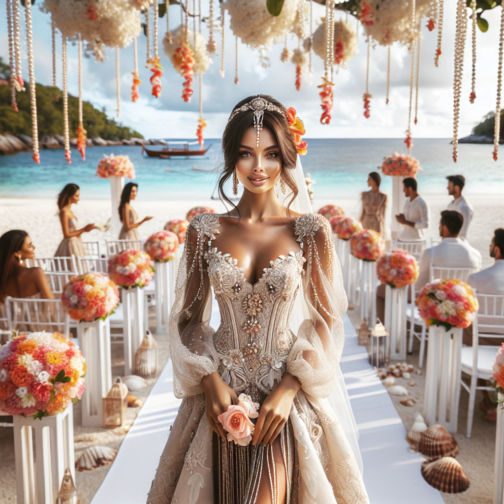 Destination Romance Wedding Dress: Must-Have Elegance Visualize a scene of a destination wedding. Imagine in the center, a South Asian woman wearing an elegant wedding dress styled with multicultural influences. The dress is elaborately detailed with laces and pearls that shines under the sun. Festoons of exotic flowers decorate the outdoor setting, with an ocean view in the backdrop. Apart from the guests, there are also seashells and white chairs arranged for the ceremony. The woman is radiant with joy, anticipation in her eyes as she steps towards her new beginning. The atmosphere is ecstatic, charged with romance and celebration.