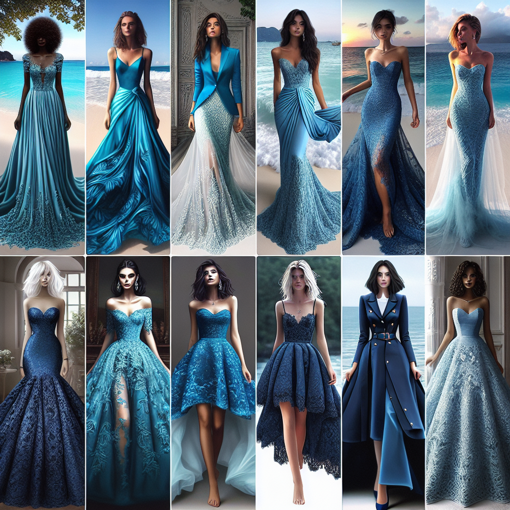 Stunning Blue Dresses: Perfect for Destination Weddings Imagine an assortment of stunning blue dresses, each artfully designed to represent various styles and cultures. Picture one as a long, flowy gown crafted from turquoise silk, perfect for a Middle-Eastern bride. To its right, envision a knee-length sundress with intricate lacing, suitable for a South Asian bride. Next, visualize a Hispanic bride in a cobalt lace mermaid style gown, followed by a Black bride in a modern sapphire blazer dress. Lastly, depict a Caucasian bride in a navy blue vintage dress with a high neckline and lace detailing. Each of these dresses is perfectly suited for a diverse array of destination weddings, against backdrops of either a beach, a hill-top or an old castle.