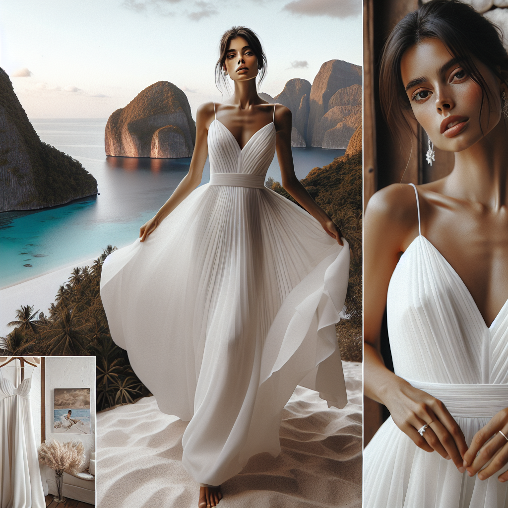 Stunning Simple Destination Wedding Dress: Effortless Elegance Consider an image showcasing a minimalist yet striking wedding dress. It captures effortlessly graceful elegance, with its straightforward design, flowing material, and tasteful details. The dress is situated in a dreamy destination wedding setting, surrounded by breathtaking nature. In the foreground, a Hispanic woman wears the dress, exuding poise and simplicity. She is photographed in a serene open-air environment that encapsulates the tranquil, romantic atmosphere of a destination wedding, possibly on a beach, amidst a garden, or a picturesque mountain backdrop. This vision celebrates the beauty of simplicity, splendor in the natural environment, and the joyous occasion of a wedding.