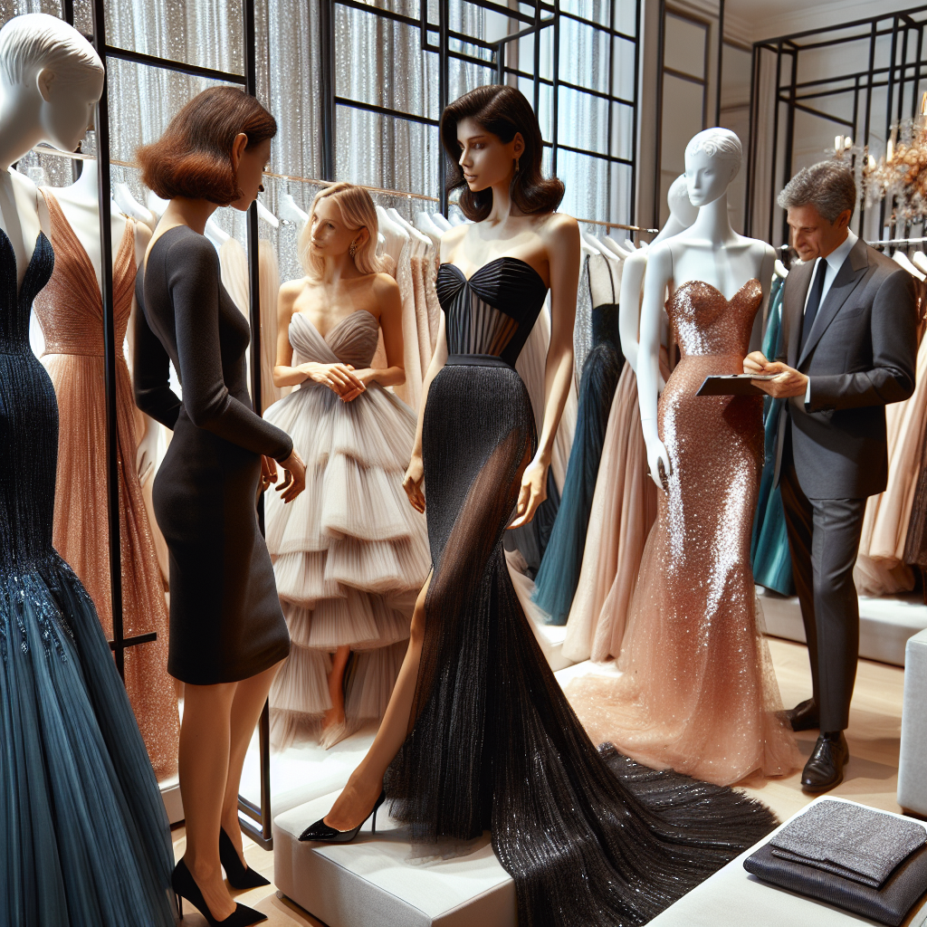 Black Tie Wedding Guest Dresses: Must-Have Elegance A high-end dress store showcasing a selection of refined, elegant black tie wedding guest dresses. Display includes sleek, fitted gowns in diverse colors and designs. At the front of the collection, a sophisticated South Asian woman models a sculptural midnight blue dress, while a high-spirited Black woman admires an off-shoulder blush sequin gown. A helpful Caucasian sales assistant is offering advice to a middle-aged Hispanic man, who's choosing a dress for his partner. Everywhere you look, luxurious fabrics and exquisite details speak to the must-have elegance of the occasion.