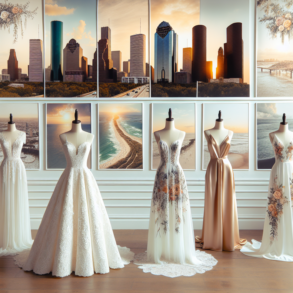 Must-Have Wedding Dresses for Houston TX Destinations A collection of elegant wedding dress designs perfect for various Houston, Texas destinations. The first dress is a classic a-line gown with intricate lace detailing, perfect for a grand church wedding. The second is a flowy, embroidered chiffon dress in boho-chic style, ideal for a laid-back beach ceremony. The third is a modern, streamlined silk dress, suited to a sleek city rooftop reception. Display each dress on mannequins, with Houston's famous skyline, beaches, and historic churches faintly visible in the background to signify the destination.