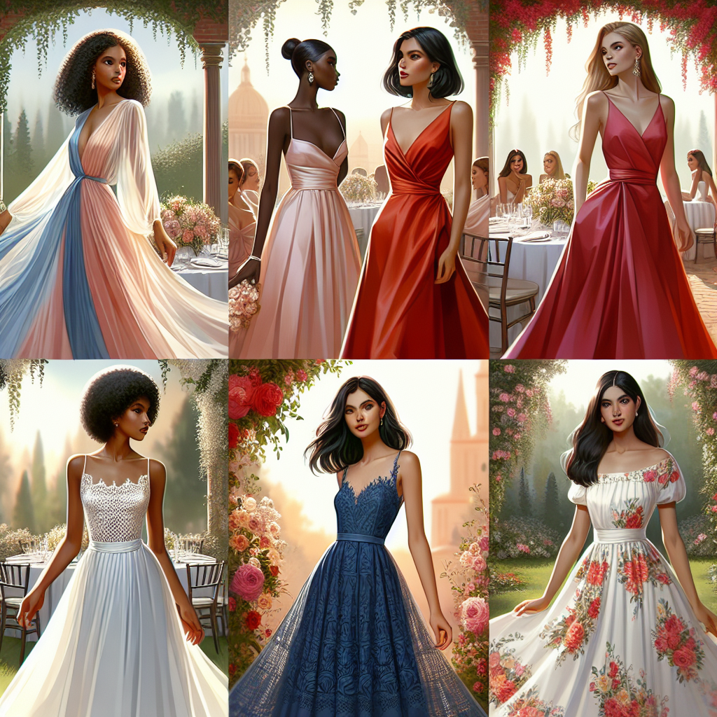 Stunning Summer Wedding Guest Dresses: Must-Have! Visualize a collection of stunning, high-quality summer wedding guest dresses. The first dress is a flowing chiffon dress in soft pastels worn by a Middle-Eastern woman. The second dress is a sleek satin dress in vibrant red worn by a Black woman. The third dress is a deep blue lace dress worn by a South Asian woman. The fourth dress is a classic white floral dress in cotton worn by a Hispanic woman. The scene should evoke the warmth of summer with a garden party wedding atmosphere in the background.