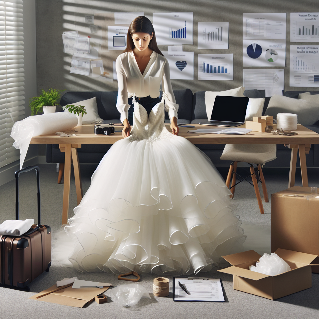Effortless Guide: Transport Your Wedding Dress Like a Pro Envision an image illustrating a comprehensive guide for transporting a wedding dress. In the foreground, a professional, female wedding planner of Hispanic descent meticulously folding a magnificent, flowy white wedding gown on a clean surface. Surrounding her are essential tools, including acid-free tissue paper, wooden hanger, breathable garment bag, and specifically designed wedding dress box. Close by, an open suitcase stands ready for packing. In the background, her well-organized office space showcases charts, mood boards, and other planning materials. Let the image evoke knowledge, expertise, and peace of mind among brides-to-be about this task.