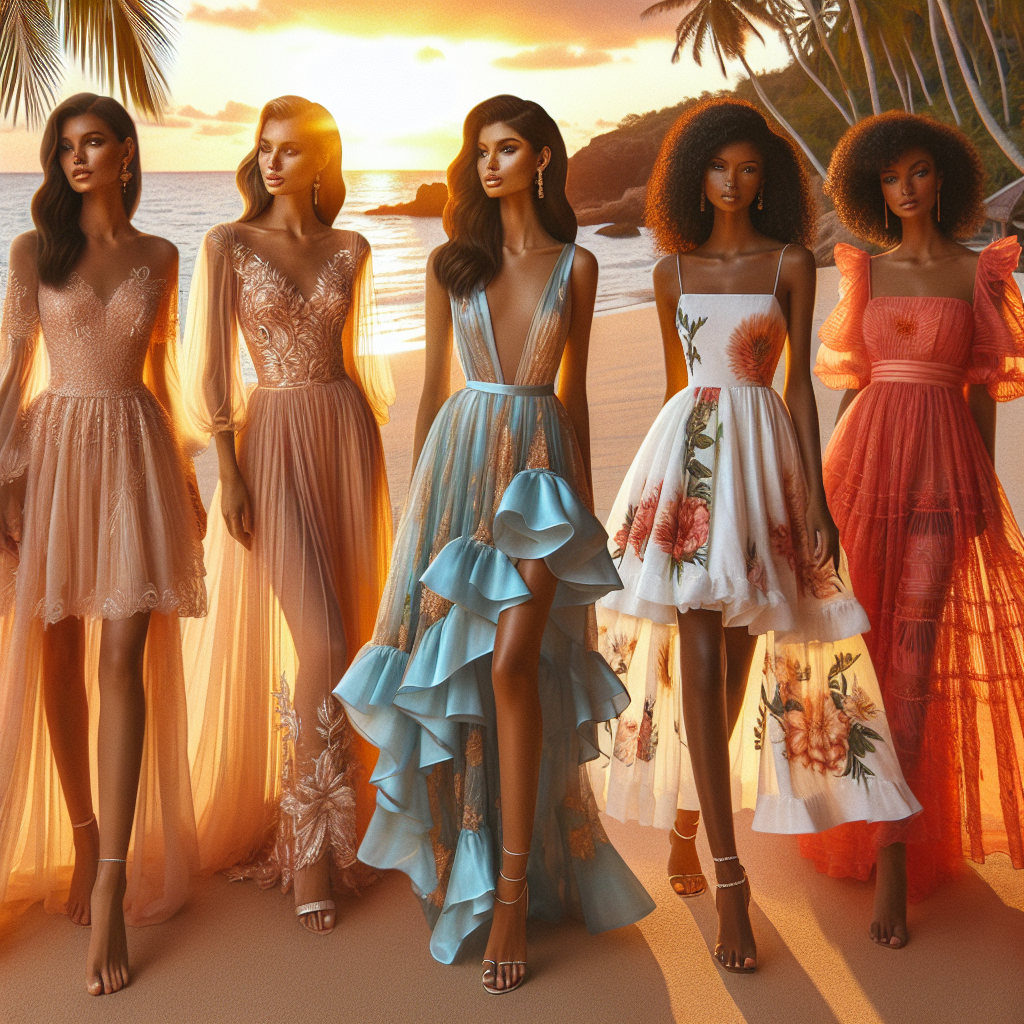 Destination Wedding Guest Dress: Must-Have Styles Imagine an exquisite destination wedding in a picturesque, tropical destination. Display an array of must-have guest dress styles that harmonize with the setting. Showcase a collection comprising an elegant peach-colored chiffon gown worn by a Middle-Eastern woman, a striking turquoise midi dress adorned by a Caucasian woman, a stunning floral print maxi dress embellished with ruffles sported by a Hispanic woman, a chic and minimalistic white monochrome dress sported by a South Asian woman, and a vibrant, flowing red sundress modeled by a Black woman. All of them radiate in the warm, glowing sunset with palms and the ocean as a lovely backdrop.