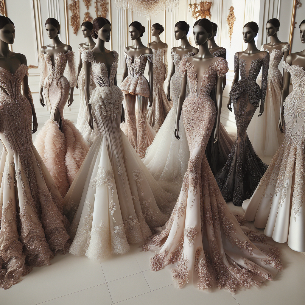 Maggie Sottero Dresses: Dreamy Picks for Your Day Lavish, intricate and dreamlike gowns designed for a special day. These dresses are inspired from the aesthetic of an esteemed designer. The dresses feature, in details, regal satin fabric, delicate lacework, sweeping tulle, classic mermaid silhouettes, romantic A-line cuts, and flattering fits and flares with intricate beading. Some have sensational off-the-shoulder designs, while others showcase stunning open-back details. The color palette ranges from pristine whites, blush pinks and champagne hues to deeper tones of black and navy. These dresses, set against the backdrop of a well-adorned event venue, inspire feelings of luxury, elegance, and romance.