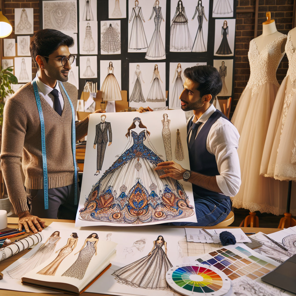 Destination Wedding Dress Designers: Must-Have Styles An indoor setting with two South Asian male fashion designers engaged in a discussion around a detailed filled sketchbook with the unique wedding dress designs reflecting various global cultures such as Europe, Asia, Africa, and the Middle East. One of the designers is showcasing a blown up illustration of a stylish wedding gown, while the other is brainstorming on different fabric swatches. Their desk is filled with other illustrations, a fabric color wheel, and some finished dress prototypes. The room ambiance is warm and creative with sketches adorning the walls.