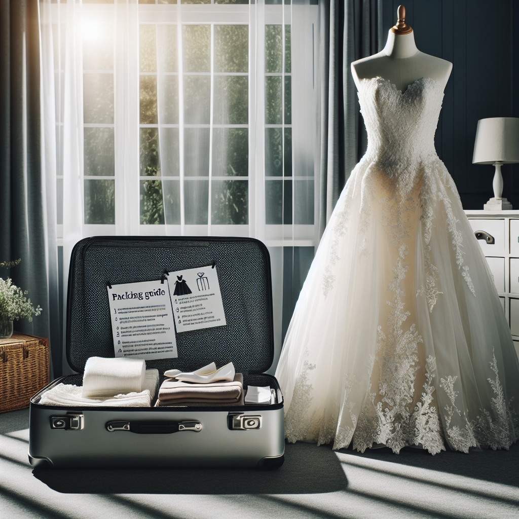 Effortless Guide: Pack Your Wedding Dress for Travel Show a picture that illustrates an easy guide to packing a wedding dress for travel. The image should depict a neatly folded pristine white wedding gown, adorned with intricate lace details. It is placed carefully in a suitcase that's surrounded by other travel essentials. Next to the suitcase is a set of clear step-by-step packing instructions written on a display board. The settings should be a tidy room with a window providing soft and natural lighting. Overhead, a chandelier throws a dappled shadow adding a touch of luxury and antiquity.