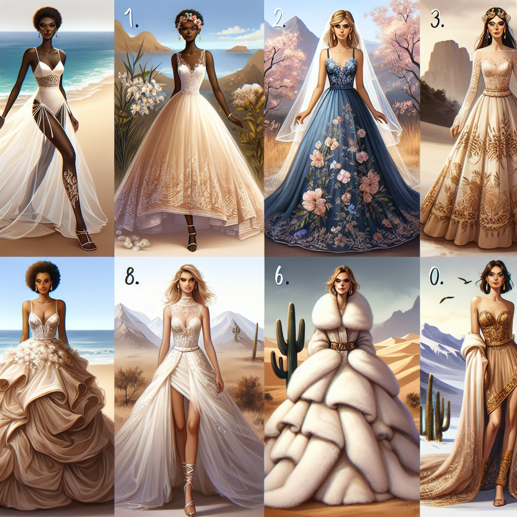 Must-Have Destination Wedding Dress Styles A compilation of different must-have destination wedding dress styles. First, a beach-themed wedding dress, worn by a Black woman, lightweight and ethereal made from organza and sand-colored silk. Second, a garden wedding dress, adorned by a Caucasian woman, in lustrous satin with intricate floral patterns. Third, a mountain wedding dress, sported by a Hispanic woman, woolen with a faux-fur trim perfect for a chilly climate. Finally, a desert wedding dress, fitting a Middle-Eastern woman, extravagant with layers of flowing chiffon fabric and golden accessories. All designs reflect unique traits of destination weddings.