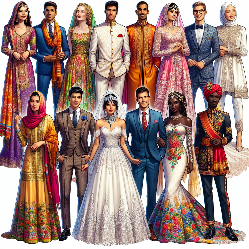 Wedding Attire: Find Your Stunning, Perfect Fit! A detailed illustration showcasing a variety of stunning wedding attires in vivid colors. Each attire corresponds to a different cultural background and body type to emphasize inclusivity. On the left side, a South Asian groom in a vibrant sherwani and a Swedish bride in a traditional kurbits wedding dress. In the middle, a Hispanic bride wearing a stunning white wedding dress with floral lace patterns and a Black groom in a smart three-piece suit. On the right, a Middle-Eastern groom in an elegant agal and dishdasha and a Russian bride in a Finift enamel-inspired wedding dress. They all stand confidently, exuding exuberance and charm.
