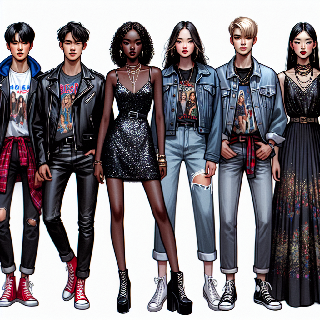 What to Wear to a Concert: Stunning, Effortless Picks! Visualize a diverse group of people ready for a music concert. Each person represents a different ethnic background and gender. Picture the first person, a Caucasian male, wearing a leather jacket and black jeans paired with red high-top sneakers. The second individual, a Black female, is seen in a sequined mini dress, denim jacket and ankle boots. The third image showcases an Asian male in a band t-shirt, ripped jeans and canvas shoes. Lastly, a Middle-Eastern female dons a chic maxi skirt, a blouse and a statement necklace. All effortlessly stunning and fashionable for a concert.