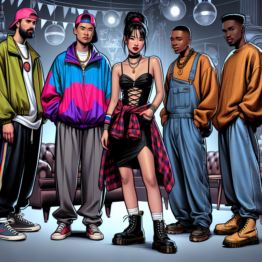 90s Outfits Guide: Must-Have Looks for Your Party! Create an image capturing the essence of 90s fashion. This would include a party setting with several people in various vintage outfits representative of the decade. The first person, a Caucasian man, is wearing a brightly colored windbreaker, baggy jeans and sport sneakers. Beside him, an Asian woman sports a spaghetti strap dress with a flannel shirt tied around her waist and Dr. Martens boots. Then, a Black man is wearing an oversized sweater, backward baseball cap, and baggy pants. In the background, elements of the 90s ambiance such as neon lights and retro decorations are included.