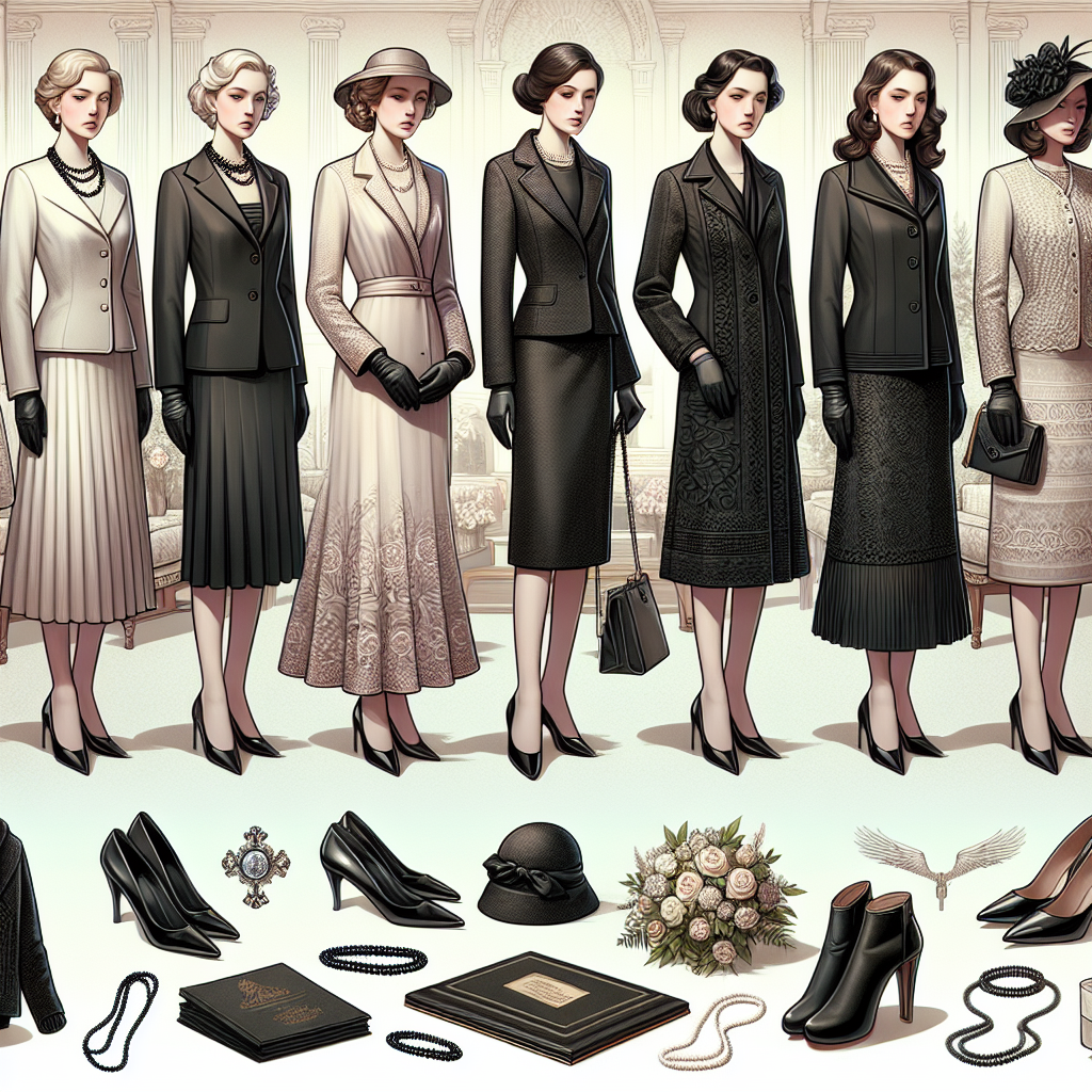 Create a highly detailed image for an article, presenting a collection of elegant and respectful funeral attire for women. Include a selection of softly colored dresses, conservatively cut suits, and layers such as wool shawls and pea-coats. Add accessories like black gloved hands, a string of pearls, and patent-leather heels. There should be a mix of women from different descents, such as an Asian woman in a fitted black dress, a Hispanic woman in a dark suit, and a Caucasian woman in a delicately embroidered dress. The background should have an ambiance of serenity and respect.