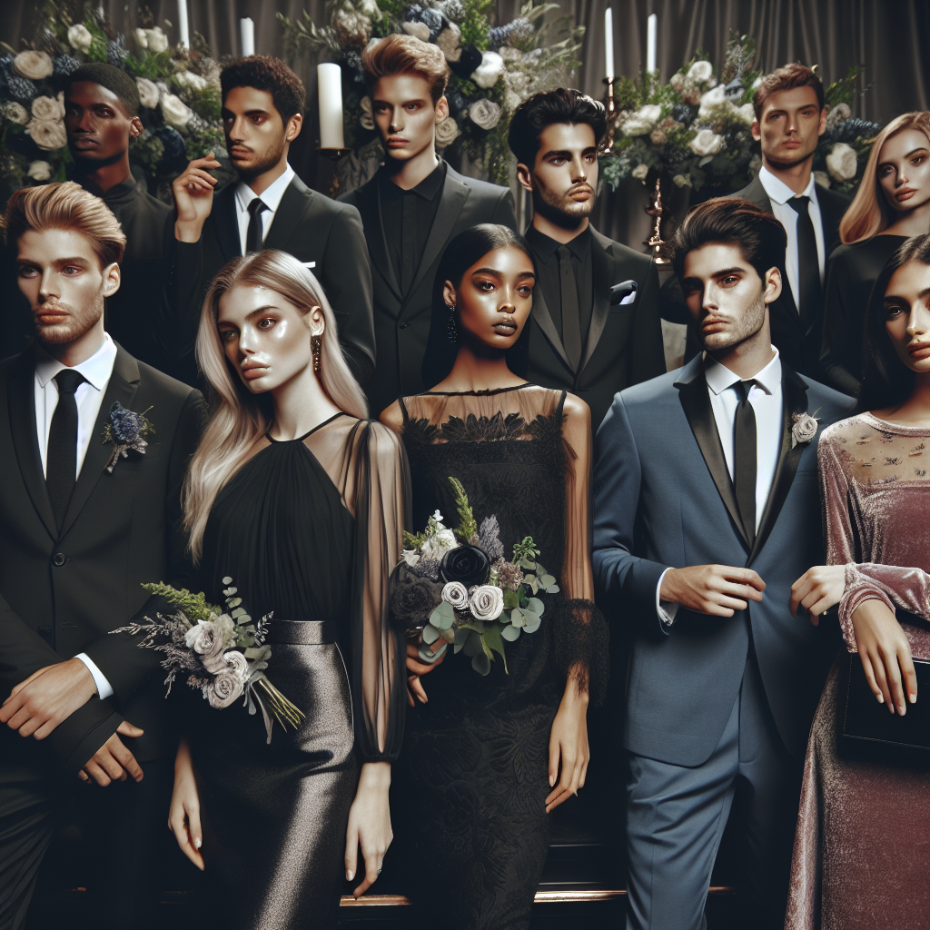 Depict an elegant and respectful setting for a celebration of life event. Show a variety of people from different descents such as Caucasian, Black, Hispanic, and Middle-Eastern each exhibiting their own unique style. Include a mix of genders where they're all donned in dark, yet elegant attire suitable for the event. Display hints of discreet accent colors in their accessories or flowers. Incorporate a variety of outfits, including sophisticated dresses, sleek trousers, crisp dress shirts and finely tailored suits. Ensure all outfits radiate a sense of respect, remembrance, and celebration.