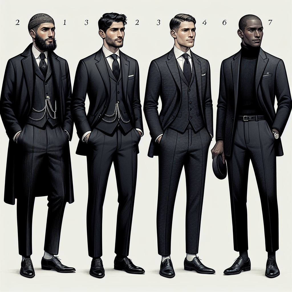 An illustration that depicts four men of different descents - a Middle-Eastern man, a Hispanic man, a Caucasian man, and a Black man - all elegantly dressed in funeral attire. The men are standing side by side demonstrating different variations of formal mourning wear: a deep black traditional suit, a charcoal grey tailored suit, a subdued navy blue ensemble, and a simple yet classic black turtleneck with a dark blazer. Each ensemble is accompanied by subtly sophisticated accessories such as a silver tie clip, a tasteful pocket square, an understated wristwatch, and fine leather shoes.
