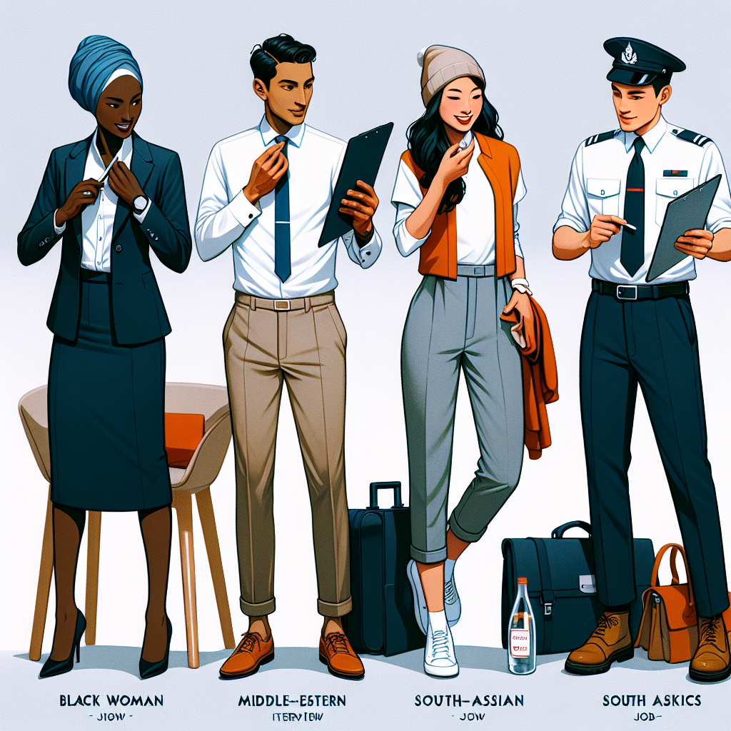 Visualize a scene of four individuals preparing for various professional interviews, all exhibiting confidence and style in their outfit choices. First, envision a Black woman dressing in a sleek, tailored suit for a corporate job interview. Second, consider a Middle-Eastern man choosing a smart casual outfit with a button-down shirt and khaki pants for a start-up job setting. Next, picture a South Asian woman selecting a creative yet professional ensemble with bright colors for a creative industry role. Lastly, imagine a White man opting for a crisp uniform for an interview in the public services sector. Each person should be depicted checking their reflection, demonstrating their readiness and self-assuredness.