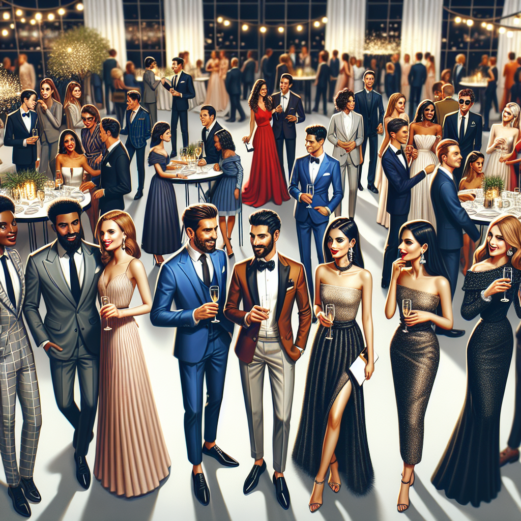 What to Wear to a Wedding: Stunning Guest Styles! A panoramic view of a bustling wedding venue with multiple guests mingling. The guests are all well-dressed in elegant wedding attire. There's a diverse group of people including a black man in a trendy suit, a Hispanic woman in a fashionable cocktail dress, a Caucasian man in a classic navy suit, a Middle-Eastern woman in a chic formal gown and a South Asian woman in a modern designer saree. Each of them is capturing the essence of unique wedding guest styles. Overall, the scene is vibrant, celebratory, and fashion-forward.