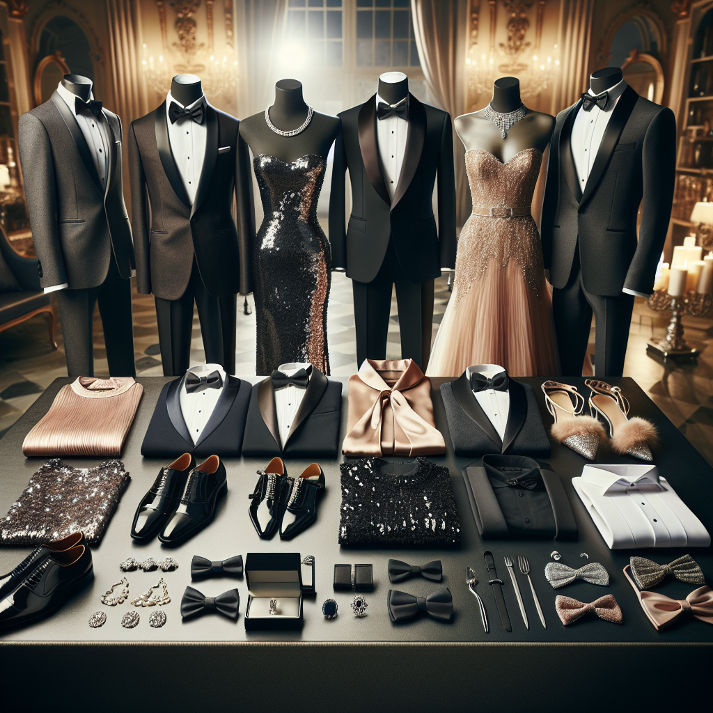 What to Wear to a Gala: Stunning, Effortless Picks An array of potential outfit choices for a formal gala event spread on a luxuriously decorated table. Outfits include a sleek black tuxedo for a Middle-Eastern man, a sequin-embellished evening gown for a Hispanic woman, a classic cocktail dress for a South Asian woman, and debonair bow tie options for a Caucasian man. Additional accessories such as pearl necklaces, diamond earrings, silver cufflinks, and patent leather shoes are prominently displayed among the elegant attire. These options should epitomize the balance between elegant sophistication and effortless chic. The background depicts a softly lit, lavish environment suggestive of a high-end gala event.