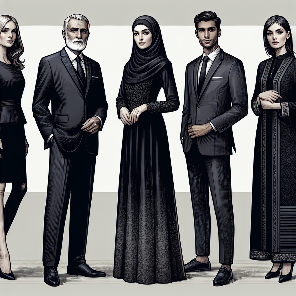 Create an image showcasing a variety of respectful and elegant attire for a funeral. On one side, depict a black, mature man in a classic black suit, white shirt, and tie combo. Alongside him, show a mature Caucasian woman adorned in a tasteful black dress with modest your-length hemline and sleeves. Further, illustrate a young Middle-Eastern woman wearing a sober yet classy black abaya. Finally, on the other end of the spectrum, display a young South-Asian man wearing a dark traditional kurta-pajama set. Pepper the background with sombre shades of gray and muted tones to reflect the solemn occasion.