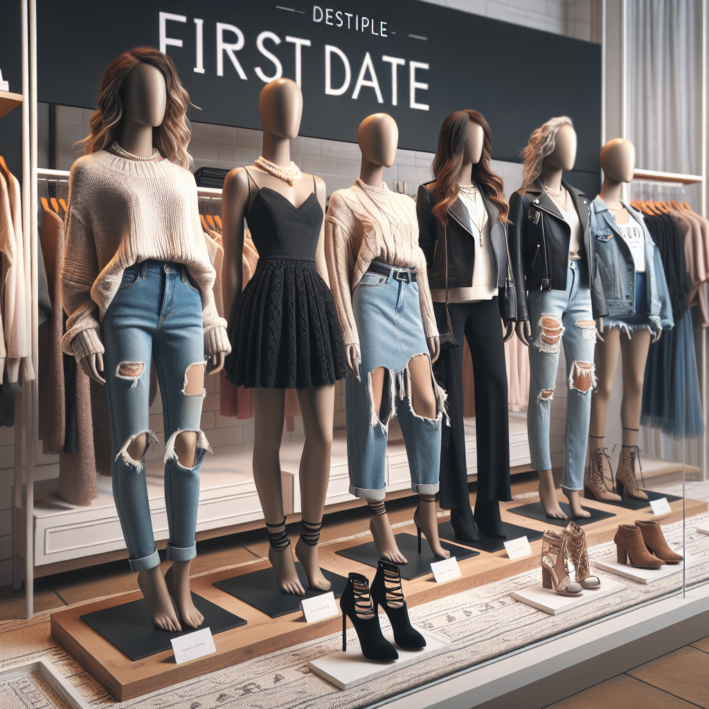 First Date Outfits: Stunning Styles You'll Love Imagine the scene of a boutique showing a display of first date outfits. The layout showcases fashion combinations that reflects various styles and personal tastes. There's a casual ensemble comprised of trendy blue jeans and a comfy knit sweater; a classic sophisticated outfit featuring a little black dress accessorized with a pearl necklace; and a unique, edgy look with a leather jacket and ripped denim skirt. Each outfit is modeled by a mannequin of different descent - Hispanic, Black, and Middle-Eastern, respectively. The layout is tastefully decorated, making an aesthetically pleasing view for customers passing by.