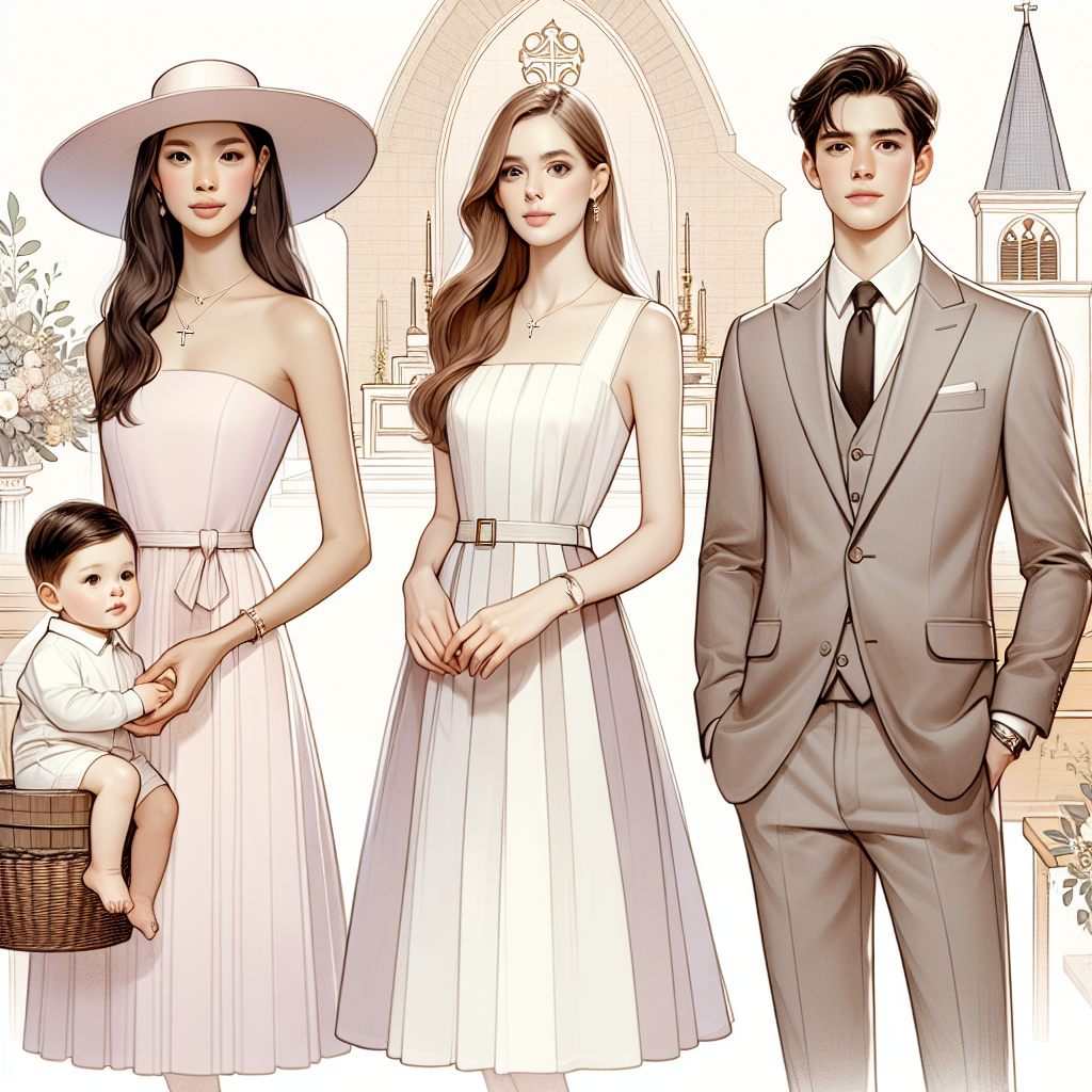 Visualize an article header with a title 'What to Wear to Baptism: Effortless, Stunning Styles'. Allow the image to depict at least three different individuals dressed in appropriate yet varied baptism attire. The first is a South Asian woman in an elegant but simple pastel-colored dress with a matching hat, a young Caucasian boy in smart casual wear, and a middle-eastern man in a sleek suit. To add more context, feature a small and tastefully decorated church or a baptismal font in the background. Ensure all colors are soft and inviting, consonant with the serene mood of the event.