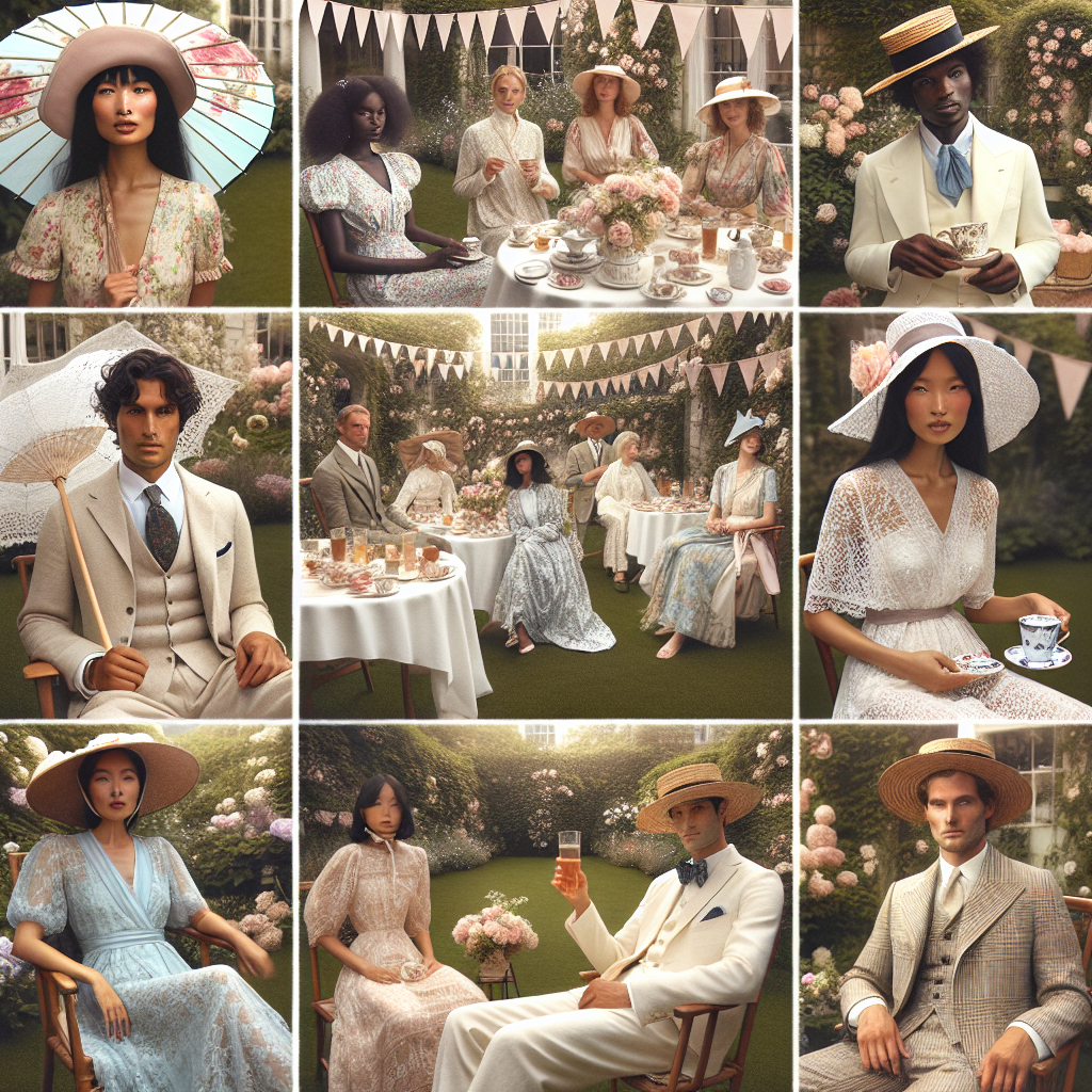 Imagine a tranquil tea party set in an elegant garden, adorned with blooming flowers and pastel bunting. An array of attendees, reflecting a true representation of human diversity, show off their unique styles. A South Asian woman is wearing a vintage floral dress and a nice sunhat, while a Middle-Eastern man is dressed in a casual white linen suit and straw boater hat. A black woman is wearing a beautiful lace dress with a matching parasol, a complement to the Hispanic man's smart casual pastel ensemble. A white man, in a dapper tweed suit, chats with an East Asian woman, who's stunning in a silk kimono-style wrap dress. Each outfit captures the spirit of effortless elegance effortlessly encapsulating the 'tea party' style.