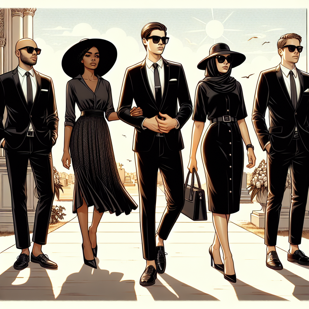 Summer Funeral Attire: Elegant, Respectful Choices Depict a scene of a summer funeral dress code. Visualize a selection of elegant and respectful attire suitable for a summer funeral. Include well-dressed people of diverse descents: a Middle-Eastern man in a finely-tailored black suit with a tie, a pair of black shoes glistening in the sun; a black woman donning a tasteful black dress, her accessories precise and moderate; a Hispanic woman in a stylish black hat, her clothing choice radiating her respect for the occasion, and a Caucasian man in dark sunglasses and a linen suit. Ensure the clothing is, while being respectful and modest, also practical for a hot and sunny day.