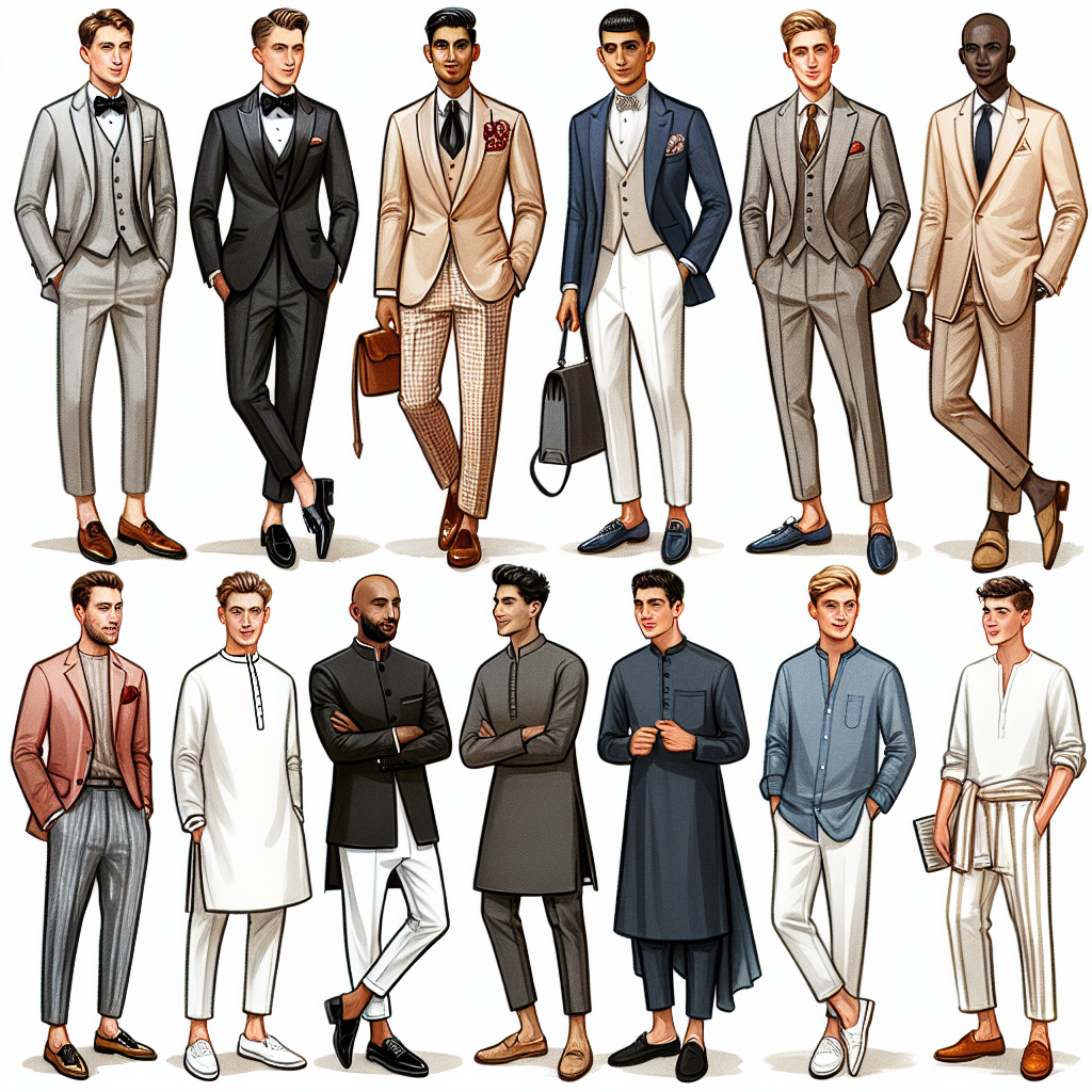 What to Wear to a Wedding Men: Must-Have Styles An illustration displaying a variety of stylish attires that men can consider for wedding attendance. The first ensemble includes a classic tuxedo worn by a Caucasian man with a bow tie and patent-leather shoes. The middle-eastern man next to him is wearing a contemporary suit with a thin tie and derby shoes. A traditional cultural South Asian Sherwani is worn by a man from South Asia standing nearby. There is also a black man wearing a semi-formal suit with a trendy pair of loafers, and a Hispanic man in a relaxed linen suit for beach weddings. Finally, there's a white man showcasing a casual attire, with a blazer, chinos, and loafers.