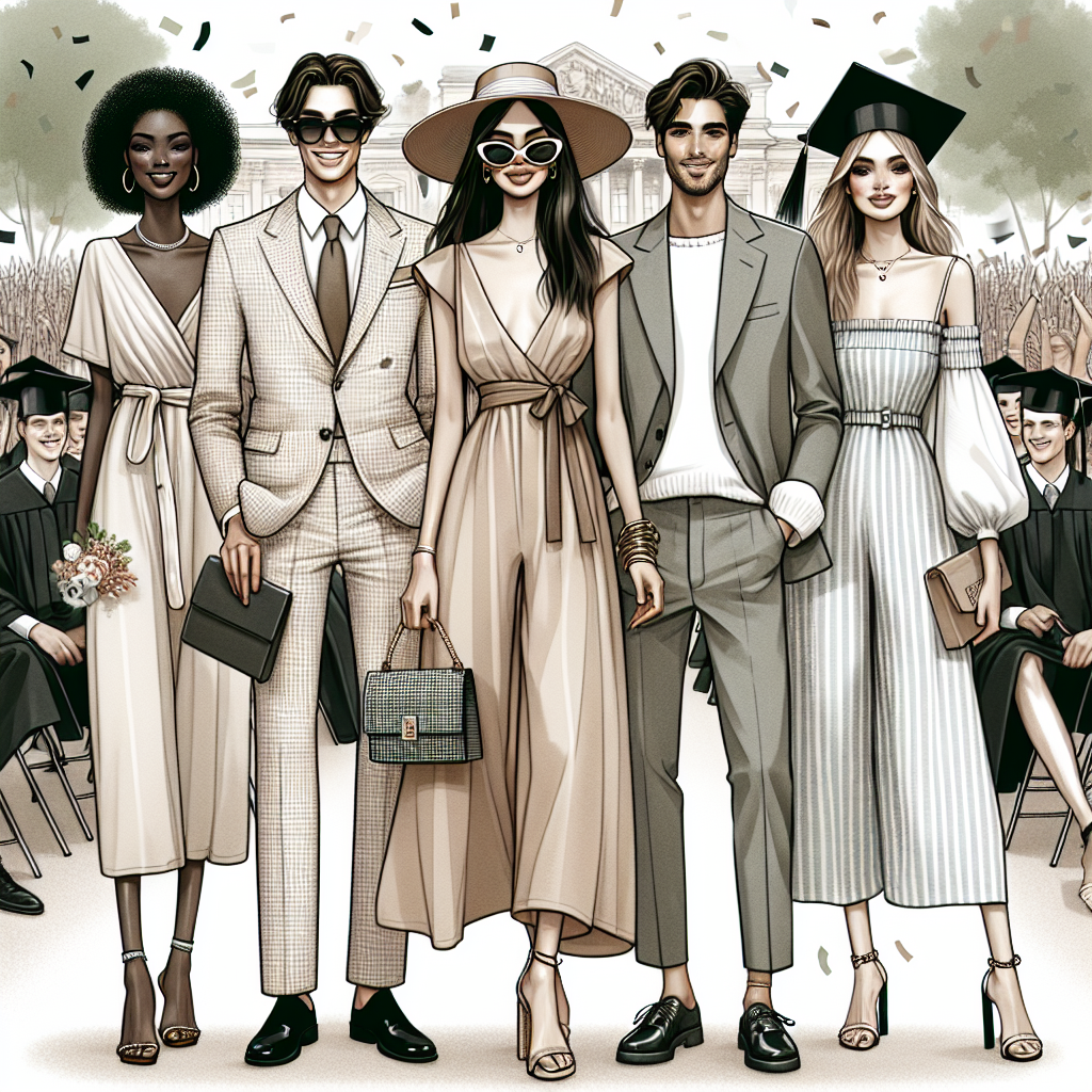 Visual representation of an outdoor graduation ceremony with happy attendees exemplifying 'effortless chic' style. Illustrate a diverse group of individuals featuring various genders and descents, such as an African female in a sleek, neutral-toned jumpsuit, a Caucasian male in a minimalist seersucker suit, a Middle Eastern man in a polished tunic and trousers, and an Asian woman in a comfortable but stylish summer dress. Add details like fashionable sunglasses, stylish hats, and trendy boutique handbags to highlight the chic essence. The background showcases the festive ambience with confetti in the air and graduates wearing black cap and gowns in the distance.