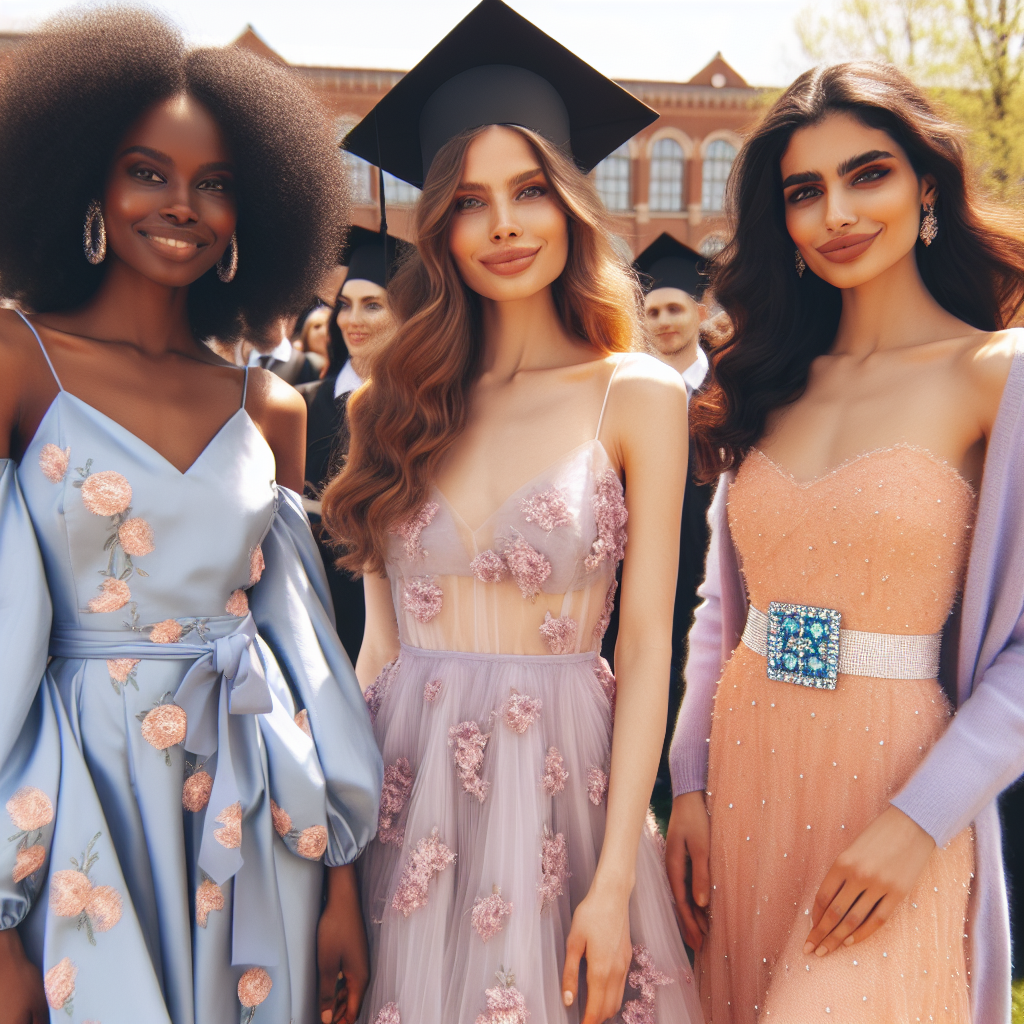 Must-Have Outfits for Female Graduation Guests Elegantly imagine a spring-inspired graduation scene during a sunny day. A group of three diverse women of different descents - Black, Hispanic, and Middle-Eastern - are attending a graduation ceremony as guests. Each one is dressed in fashionable attires that are perfect for the occasion. The Black woman is wearing a flowy lavender dress with delicate floral patterns, the Hispanic woman is adorned in a chic pastel blue suit, and the Middle-Eastern woman is in a stunning peach-hued long dress with a sparkling brooch. They are smiling, signifying their joy for the celebration.
