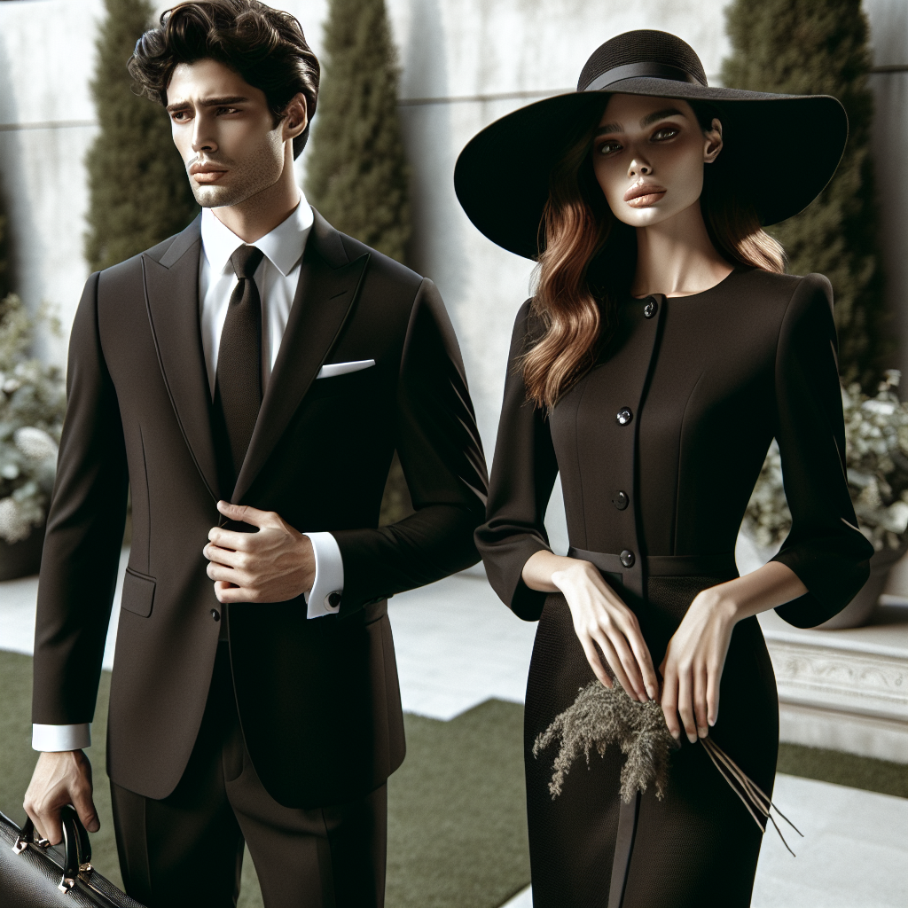 What to Wear to a Funeral: Effortless Elegance Create an image that encapsulates the theme of 'Effortless Elegance' in the context of a funeral-themed attire. Showcase a male and a female, one of Middle-Eastern descent wearing a tailored black suit, white shirt, and a dark tie, and another of South-Asian descent in a stylish, elegant black dress and a tasteful hat. To add a touch of effortless elegance, let them stand with grace and poise in an outdoor setting with subdued natural light, perhaps a tastefully landscaped garden with gentle greens and soft flowers in the backdrop.