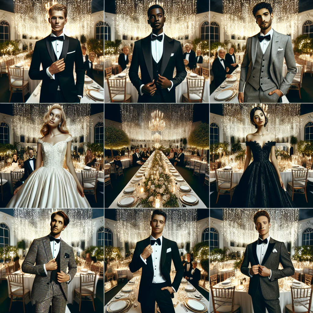 Black Tie Wedding Styles: Effortless, Must-Have Elegance Create an image that captures the essence of a black tie wedding event. Picture an evening scene with a wedding venue decorated elegantly: twinkling fairy lights, opulent chandeliers, and pristine white table settings. Centered within the scene, portray several couples where each person from different descents: Caucasian, Black, Middle-Eastern, South Asian, Hispanic, and East Asian, displays their own unique elegant black tie wedding attire. Include an array of tuxedos, tailored suits, evening gowns, and cocktail dresses in shades of black, white, and gray. Include details like bow ties, cummerbunds, pocket squares, and laced stilettos for a complete view of timeless elegance.