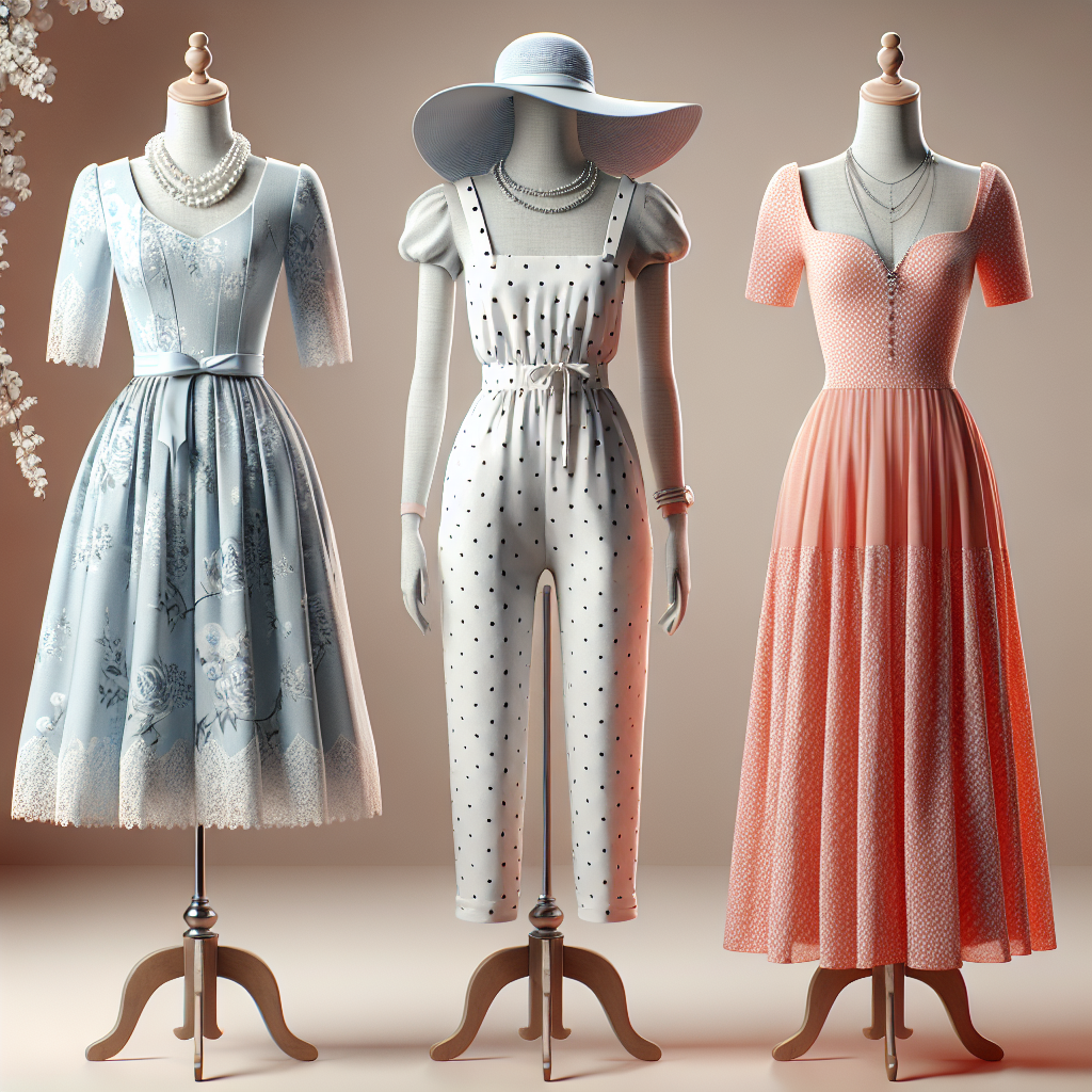 Stunning Outfits for Baby Showers: Find Your Perfect Look! Visualize a collection of three jaw-dropping baby shower outfits. The first outfit is a classy and elegant dress, knee-length, light blue in color, with a soft floral pattern. It is accessorized with a string of pearls. The second outfit is a modern yet comfortable jumpsuit with a playful polka-dot pattern, it is white with black polka dots. A chic hat complements this outfit. The final outfit is a beautiful coral maxi dress with short sleeves and a flowing skirt, accompanied by a silver necklace. All three outfits are carefully displayed on mannequins.