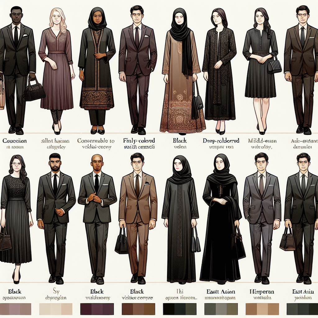 What to Wear to a Visitation: Elegant, Respectful Choices A clothing visual guide depicting what to wear to a visitation ceremony. Display a diverse group of individuals, with each person wearing a different outfit. Include a Caucasian man in a dark, finely tailored suit, a South Asian woman in a conservative, deep-colored salwar kameez, a Black woman in a dark, elegant skirt suit, a Middle-Eastern man in a modest, dark thobe, a Hispanic woman in a tasteful, dark-colored dress, and an East Asian man in a classic, dark-colored tuxedo. Each outfit should exhibit elegance and respect, suitable for a solemn occasion. Additionally, illustrate gentle hints of color differentiation within the restricted color palette to keep the representation visually engaging.