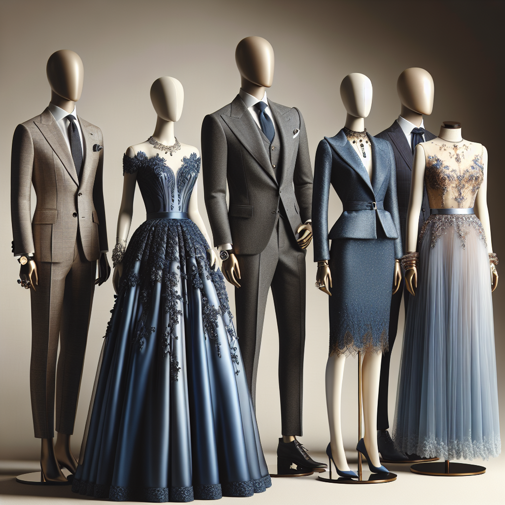 What to Wear to a Bat Mitzvah: Stunning Choices An array of elegant and stunning attire suitable for a Bat Mitzvah. Picture an array of outfits positioned on mannequins against a neutral background. The first one, an elegant dress in royal blue hues worn by a Caucasian mannequin. Second, a sophisticated suit in dark gray, displayed on a South Asian mannequin. And a third outfit, a semi-formal dress in pastel colors worn by a Black mannequin. Each outfit is adorned with tasteful accessories such as delicate jewelry, a fancy watch or a skinny tie.