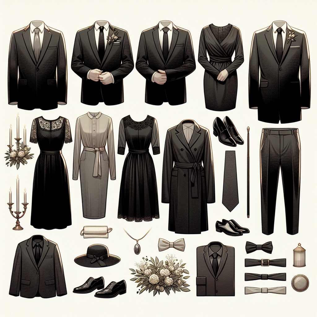 What to Wear to a Wake: Elegant, Respectful Choices An image representing a collection of dignified and polished attire suitable for a wake. The surrounding ambiance is solemn and quiet to match the respectful environment of such an occasion. Display a variety of outfits including a black suit for a South Asian man, a dark conservative dress for a Hispanic woman, a gray formal attire for a Middle-Eastern woman and a simple, elegant suit for a Caucasian man. The clothes should be modest and well-ironed, expressing the notion of respect and elegance. A tasteful choice of accessories such as gentle brooches, cufflinks or a moderate tie can be included. Additionally, gentle, diffused lighting should highlight the array of clothing.